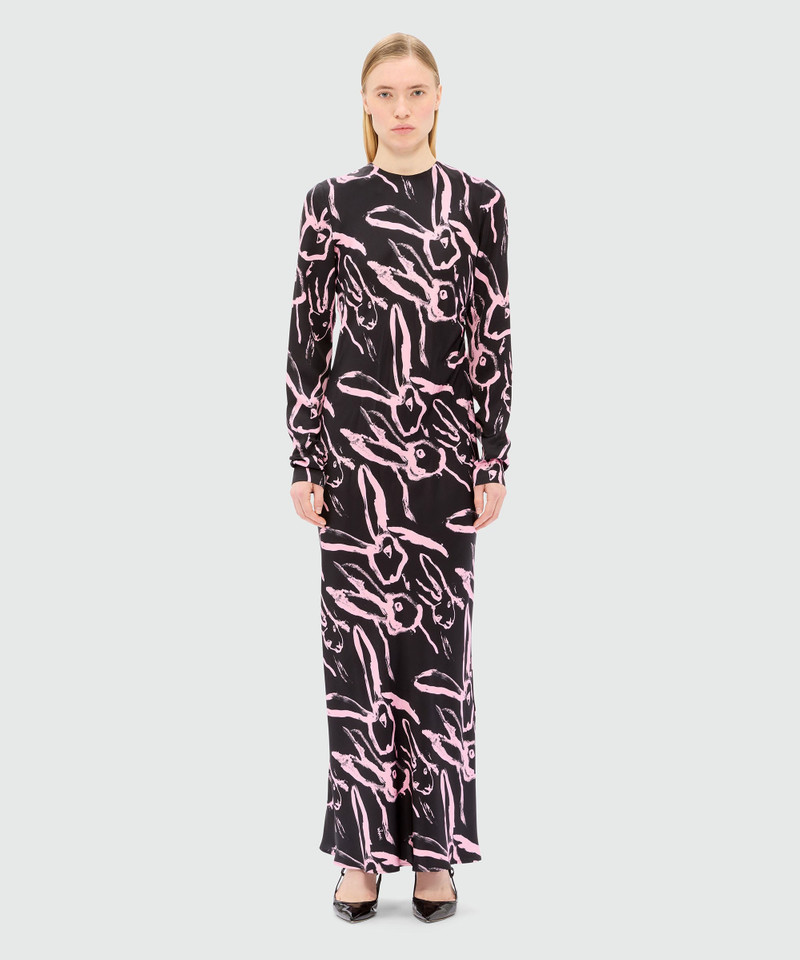 MSGM Long black crepe dress with "Sketched Bunnies" print outlook