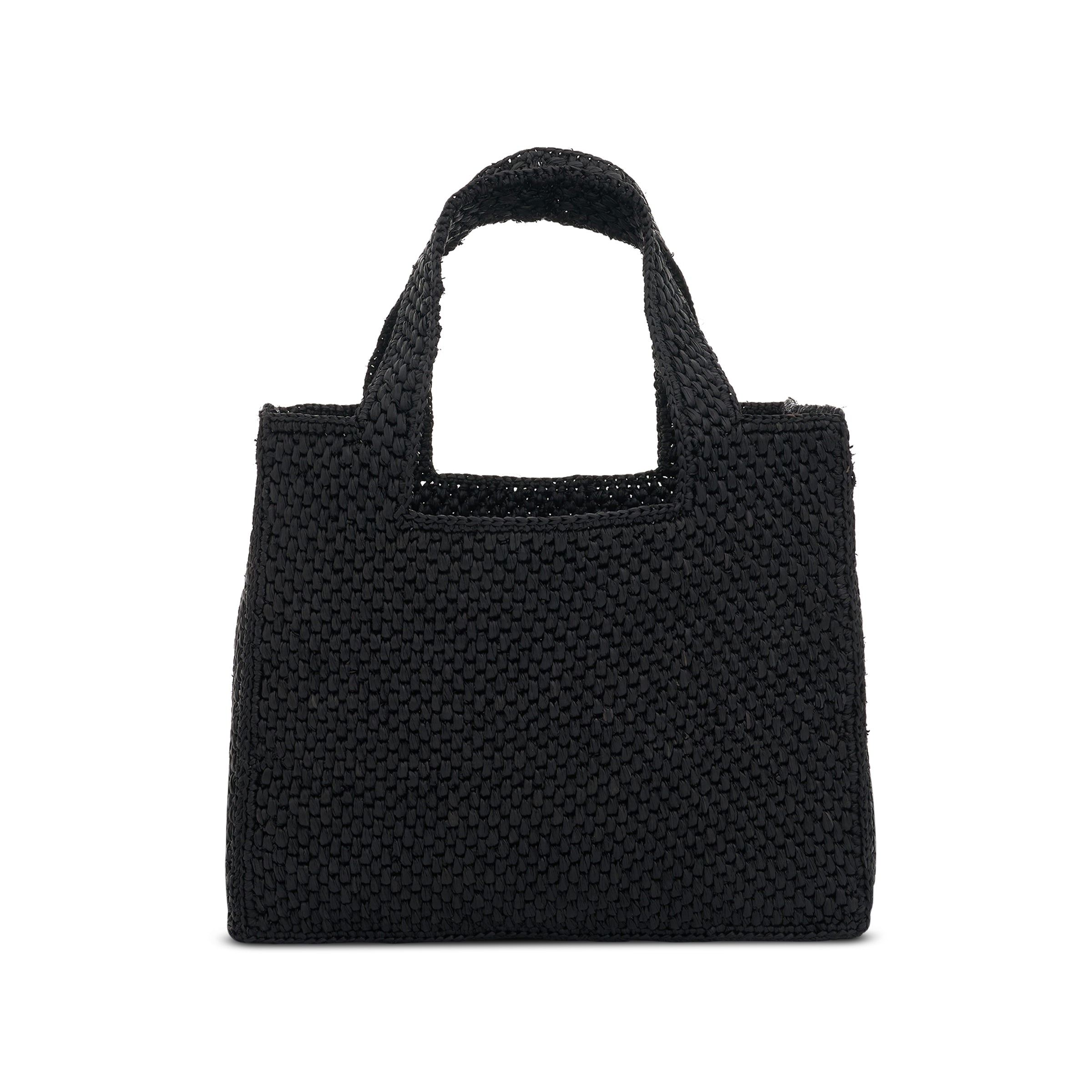 Small Logo Font Tote Bag in Raffia and Calfskin in Black - 3