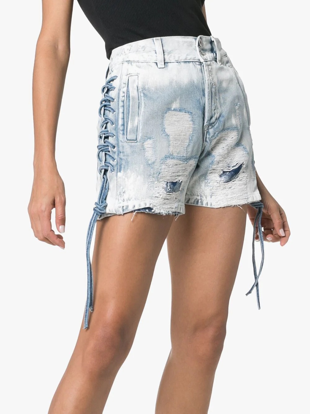 lace-up distressed denim shorts - 3