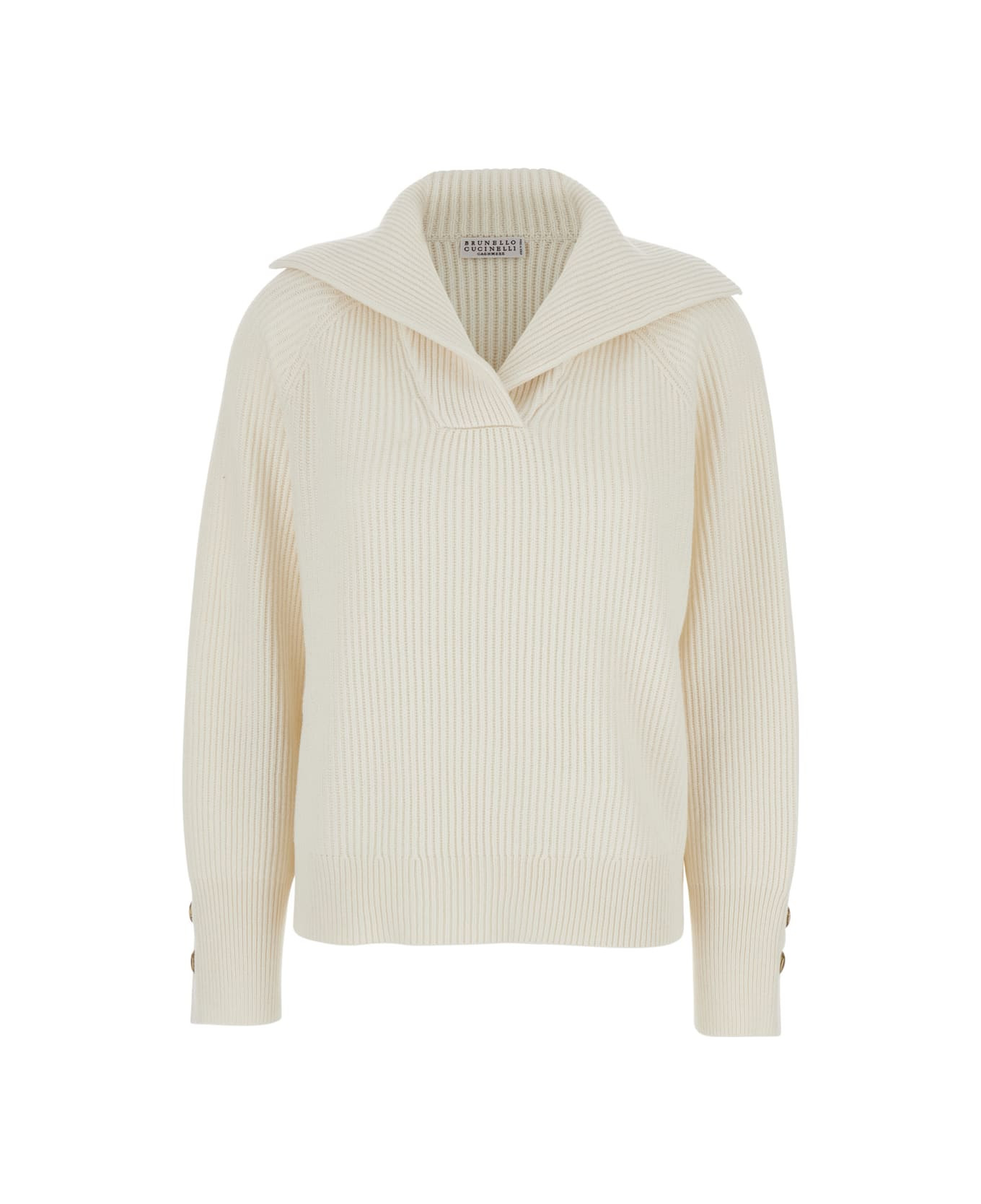 White Ribbed Knit Sweater With V Neck In Wool And Cashmere Blend Woman - 1
