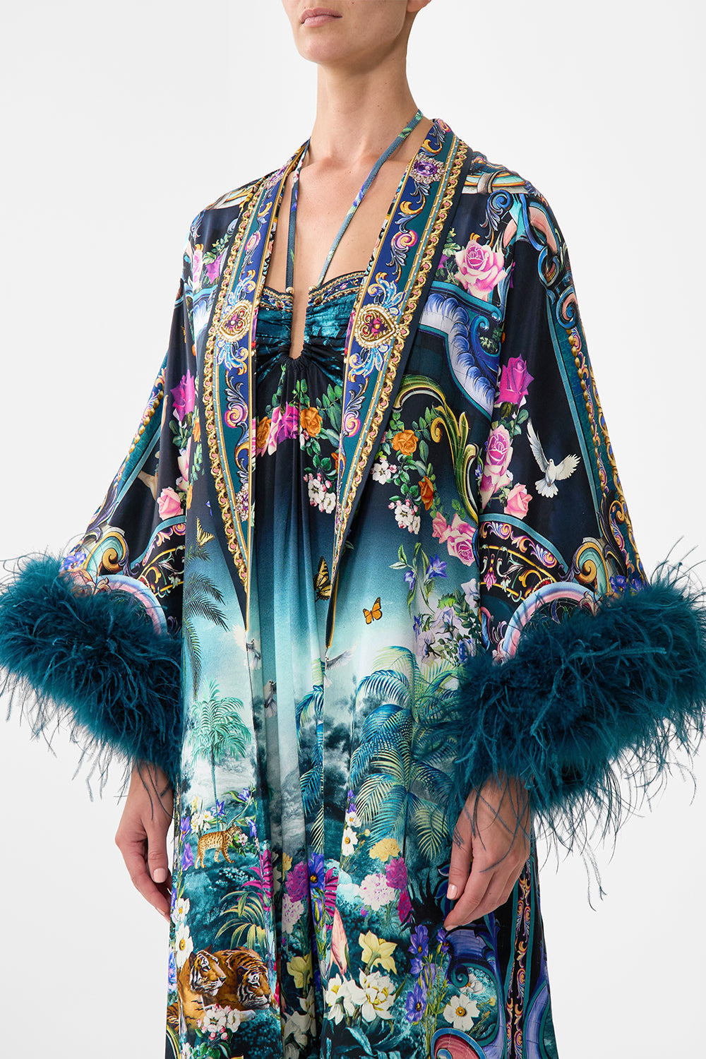 LONG ROBE WITH NARROW COLLAR AND FEATHERS - 5