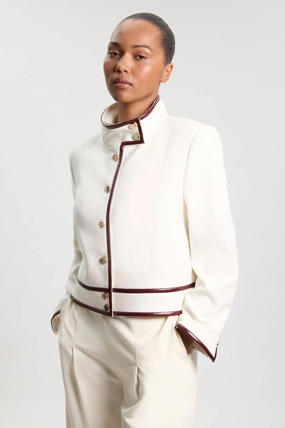 Plus Size Compact Stretch Pu Mix Tailored Belted Jacket - 1