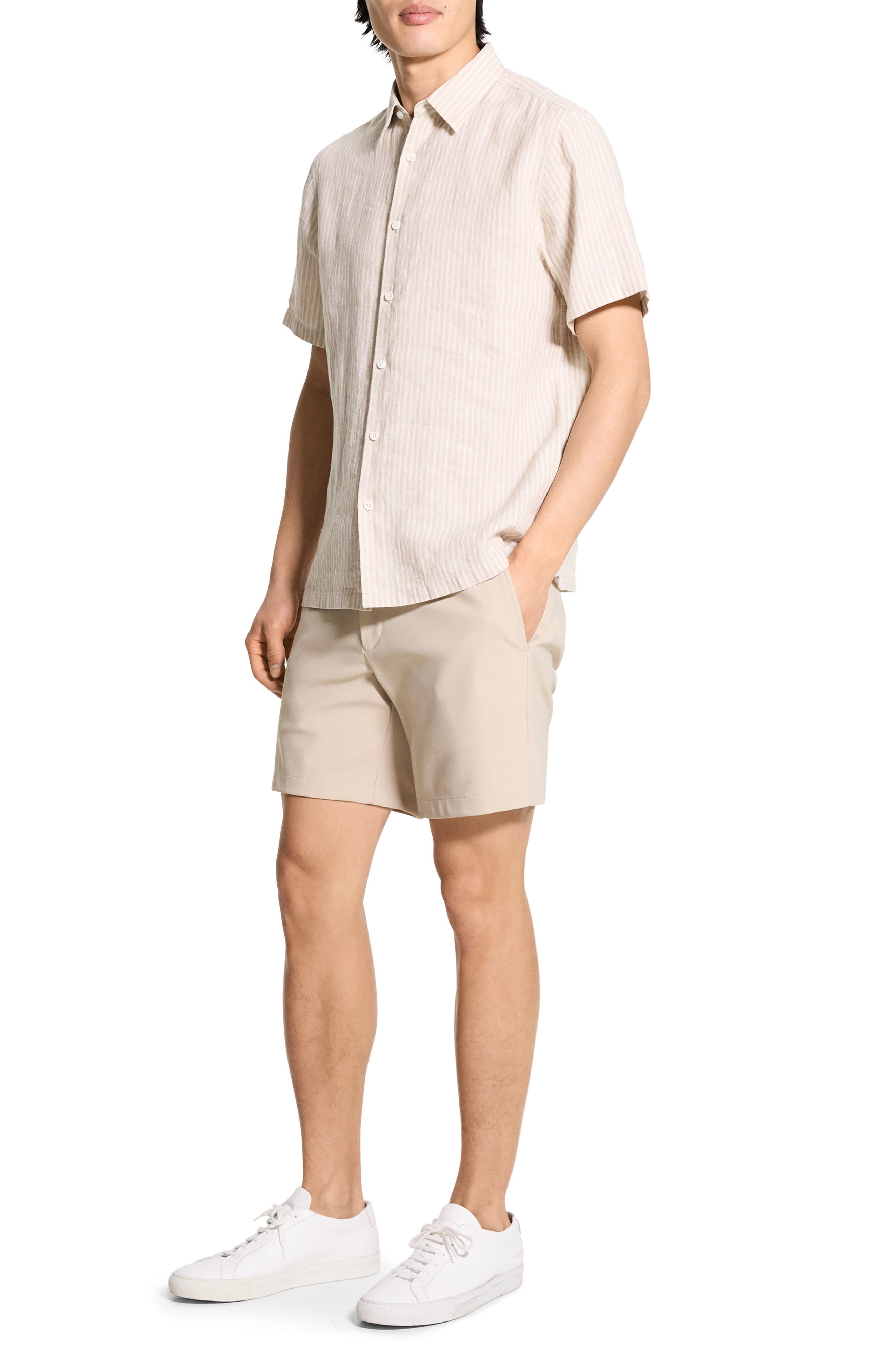 Theory Irving Stripe Short Sleeve Linen Button-Up Shirt in Chino/White at Nordstrom - 5
