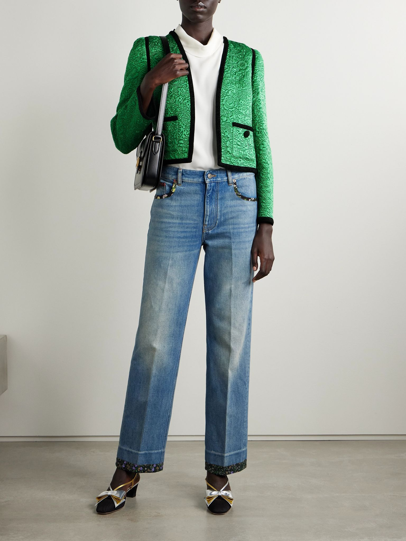 Velvet-trimmed floral-jacquard wool and silk-blend satin jacket Green - 2