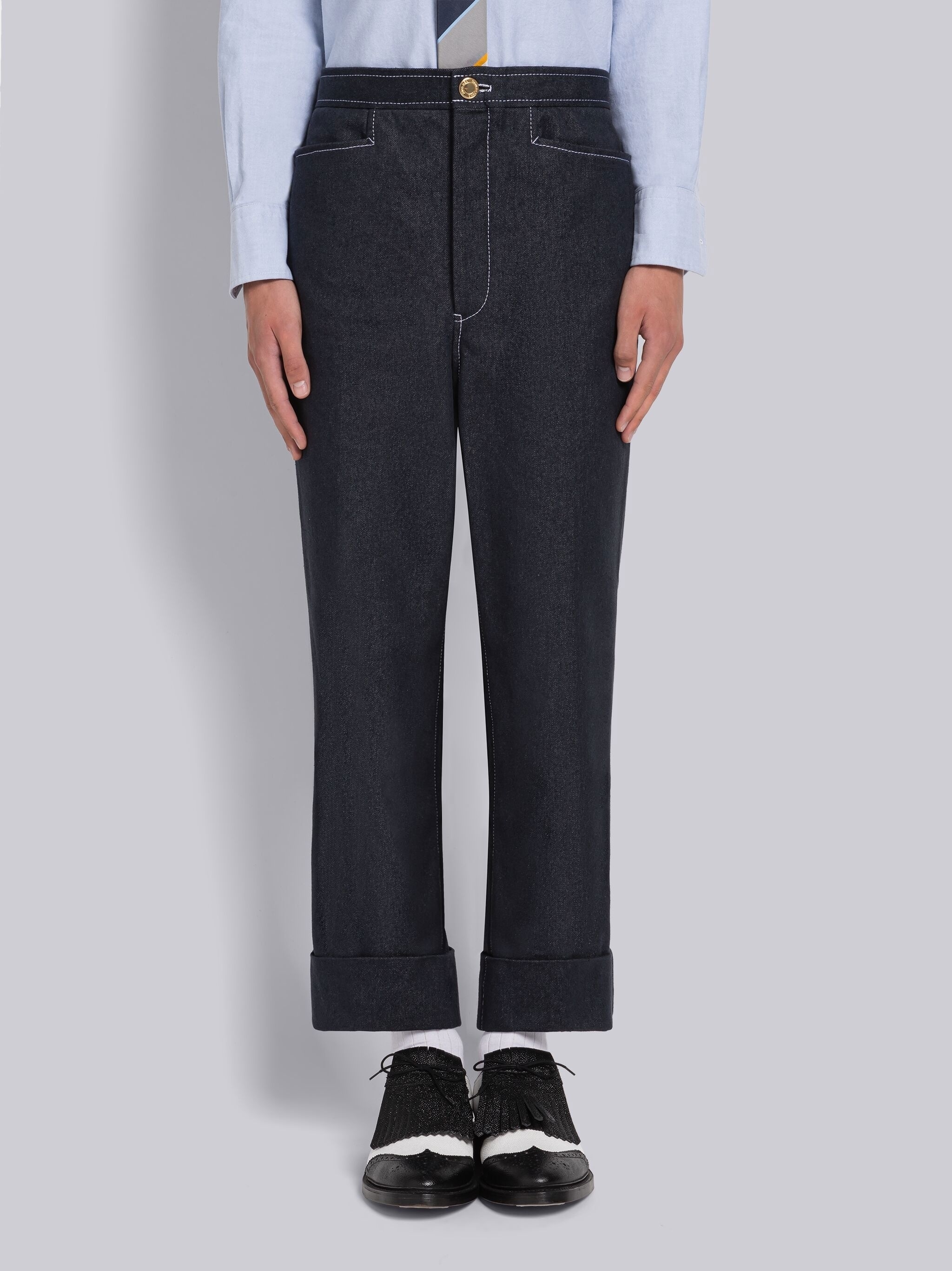 SELVEDGE DENIM TRACK STITCH BACKSTRAP TROUSER - 1