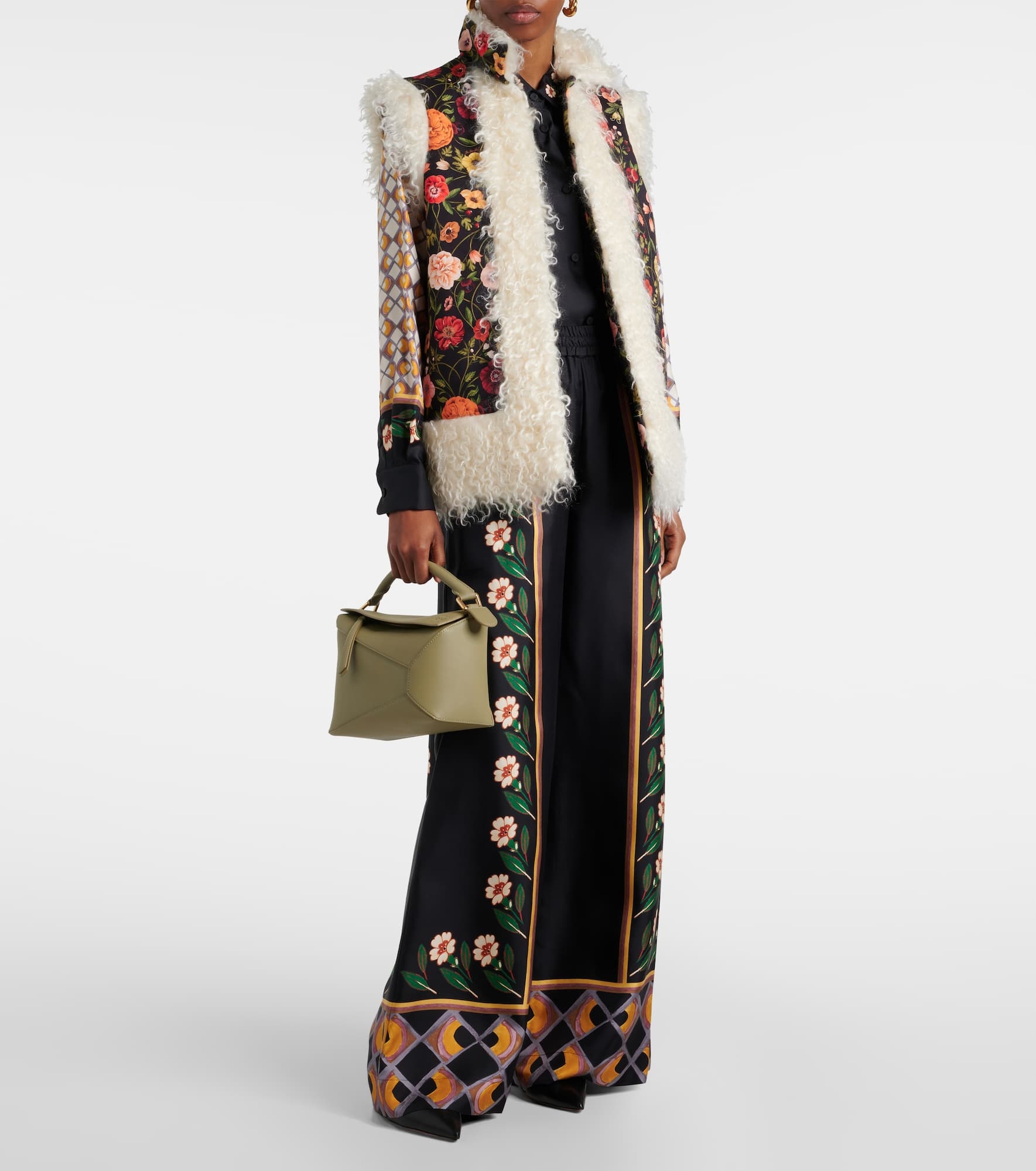 Folk floral faux fur-trimmed vest - 2