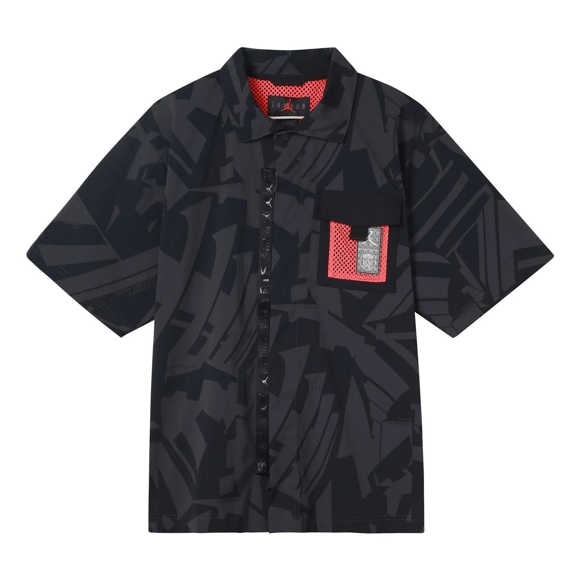 Men's Air Jordan Logo Full Print Chest Zipper Cardigan Short Sleeve Black Shirt DM3109-010 - 1