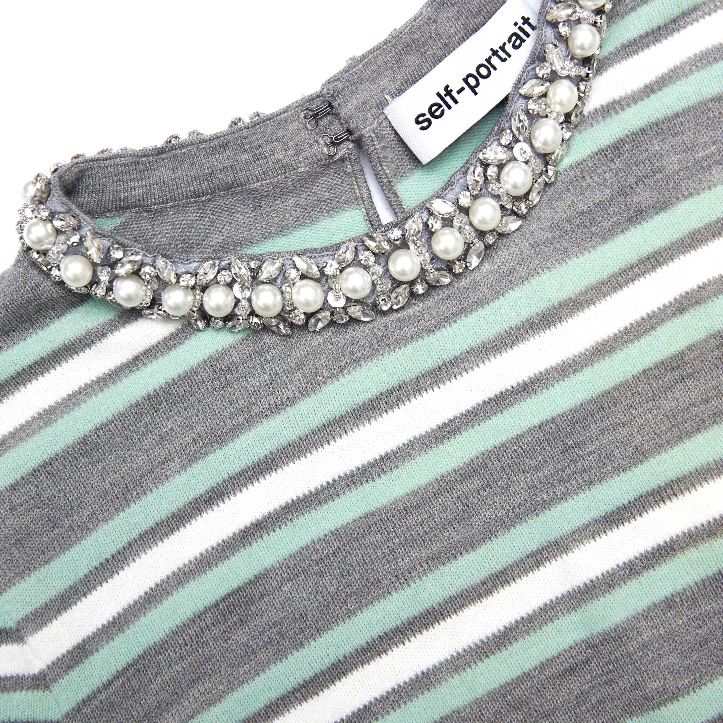 Grey Striped Crystal Trim Knit Top - 5