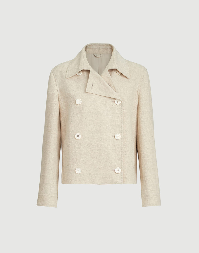 Slubbed linen, silk and hemp cropped pea coat with monili 1