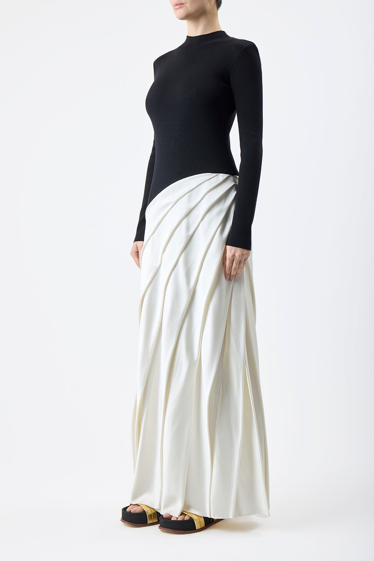 Ismay Pleated Dress in Black & Ivory Double Satin - 4