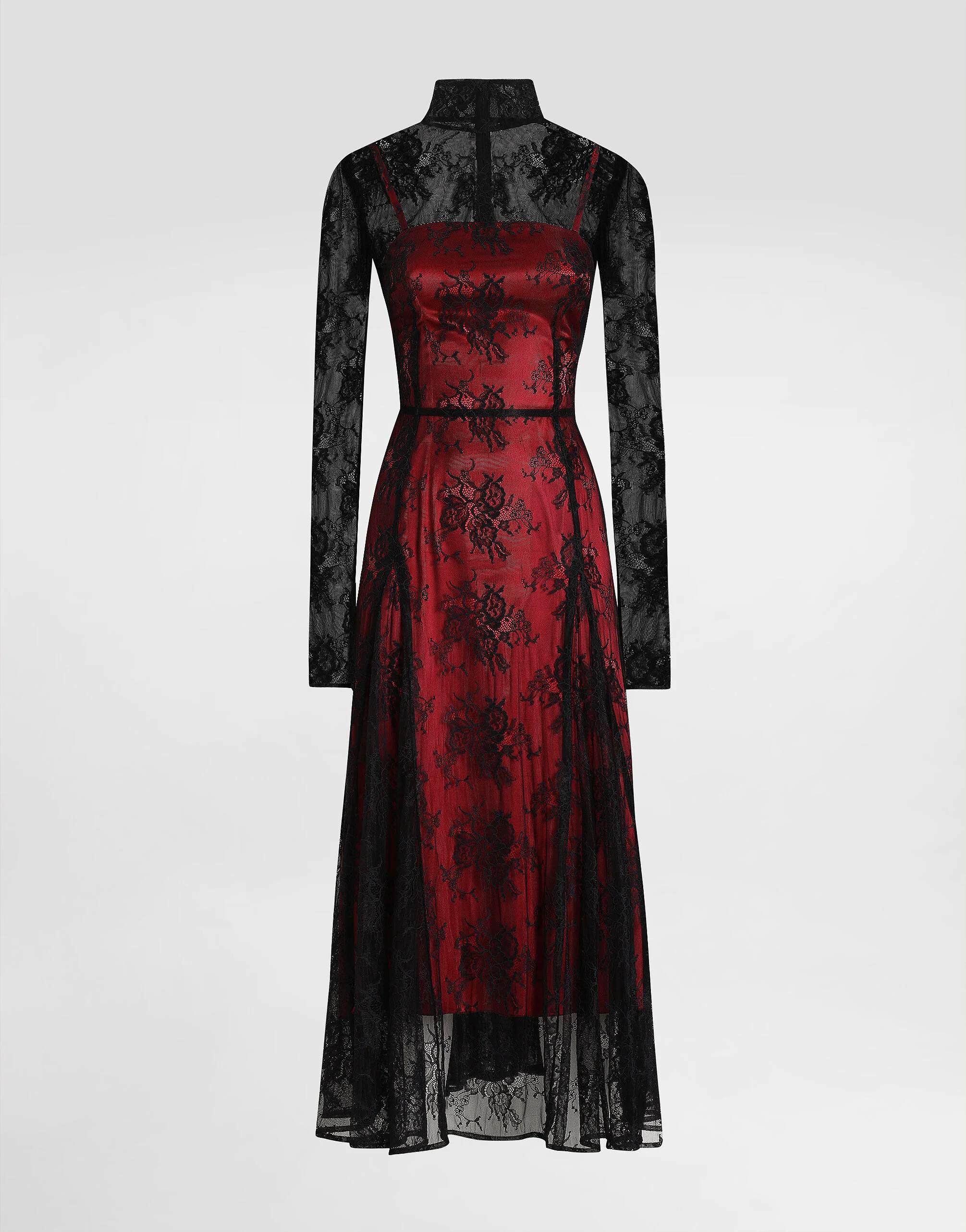 Lace calf-length dress with high neck and contrasting lining - 1