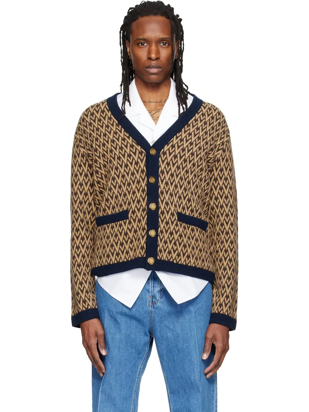 Beige & Navy Jacquard Logo Wool Cardigan - 1