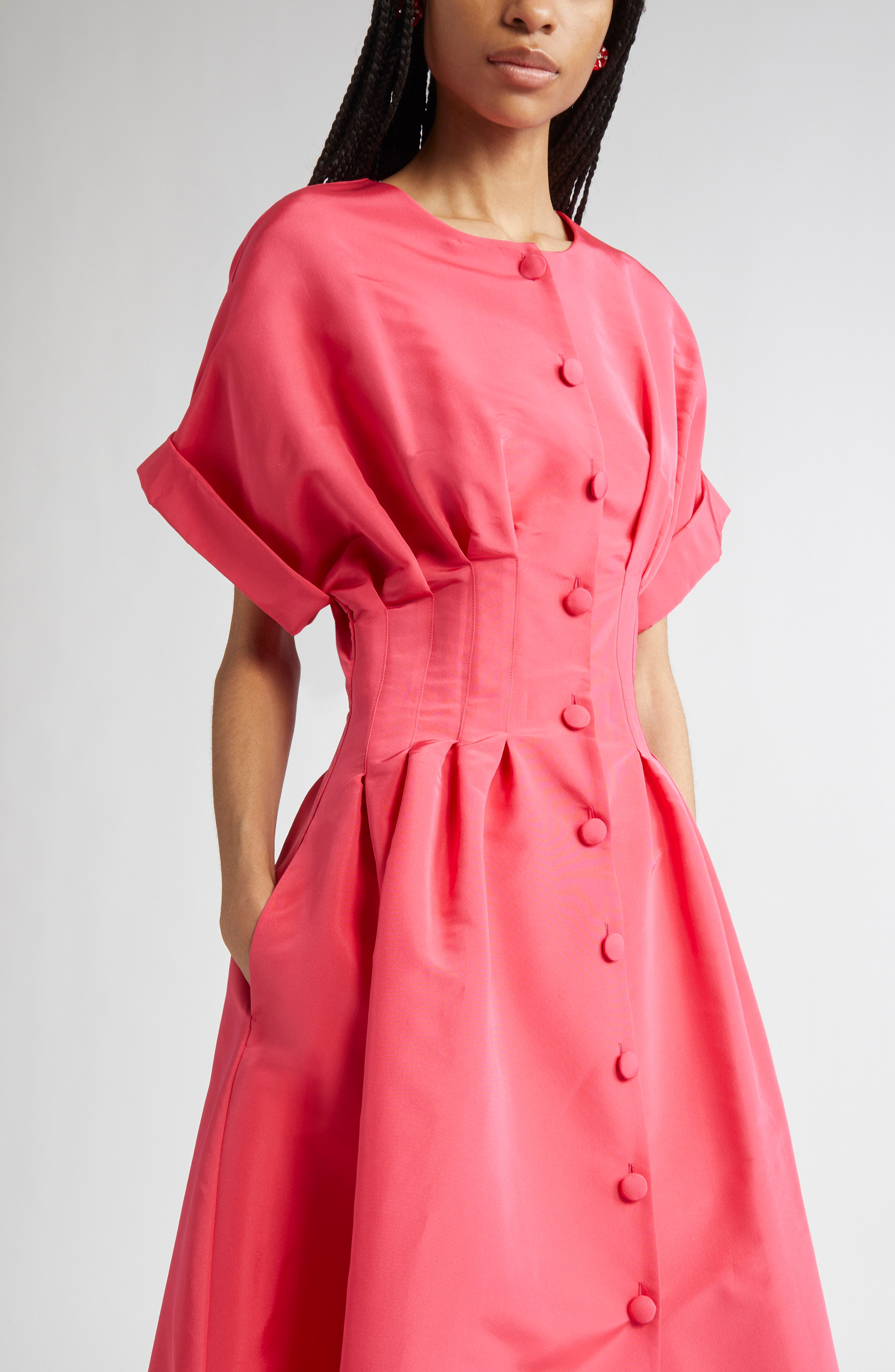 Carolina Herrera Cuffed Short Sleeve Button Front Silk Faille Gown in Azalea at Nordstrom - 4
