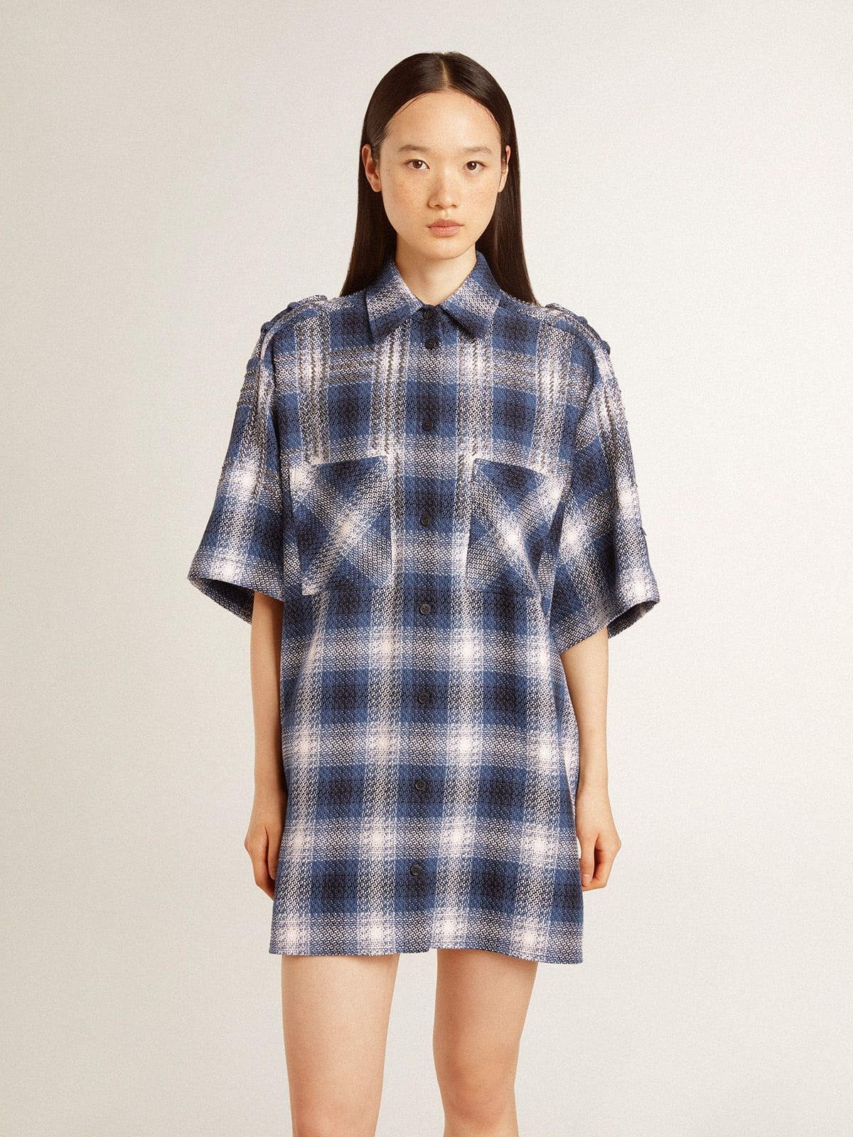 Women's short shirt dress with 3D checkerboard pattern and embroidery - 2