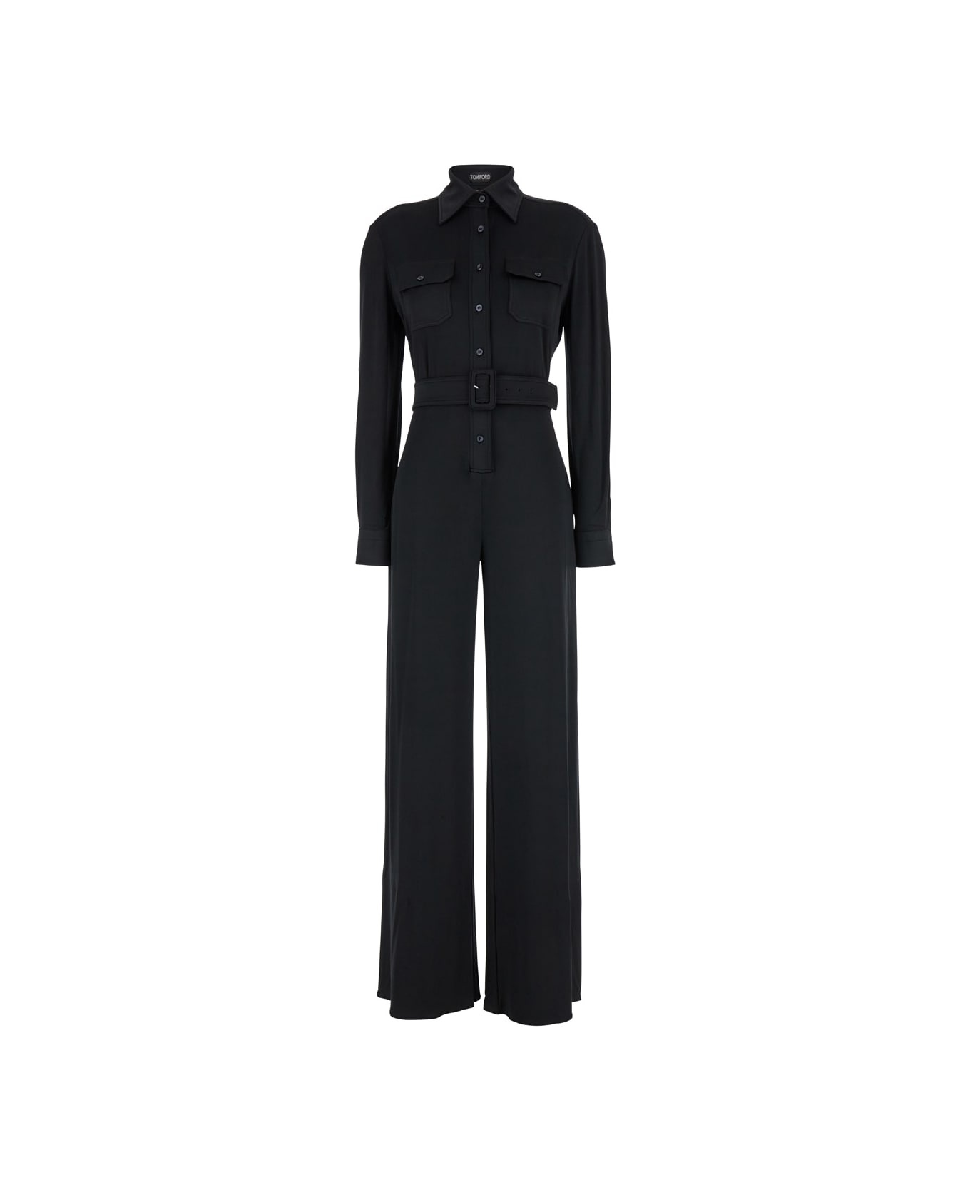 Black Jumpsuit With Buttons And Adjustable Belt In Stretch Satin Woman - 1