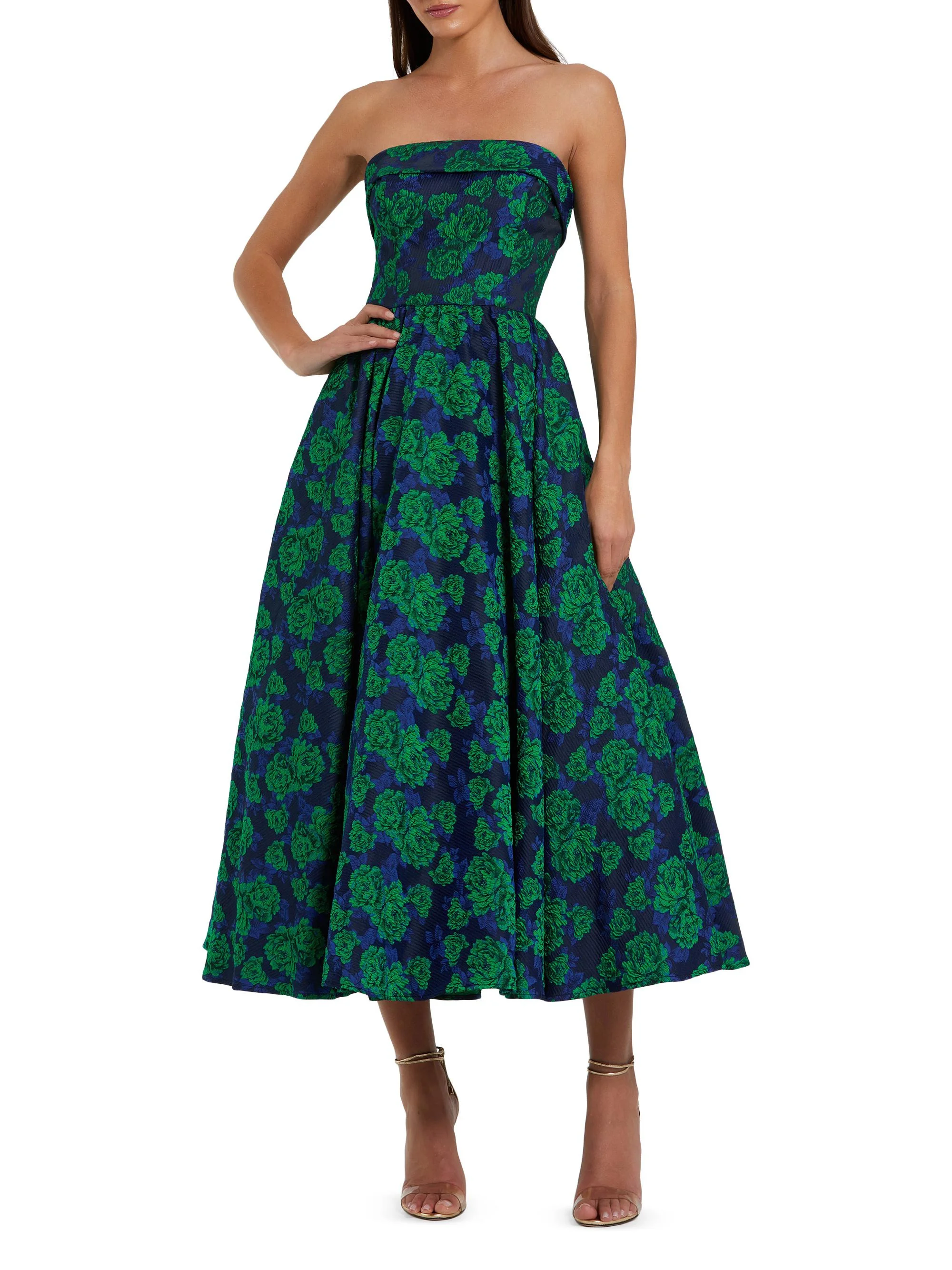 Women's Brocade Peony Strapless Cocktail Dress - Emerald Multi - 1