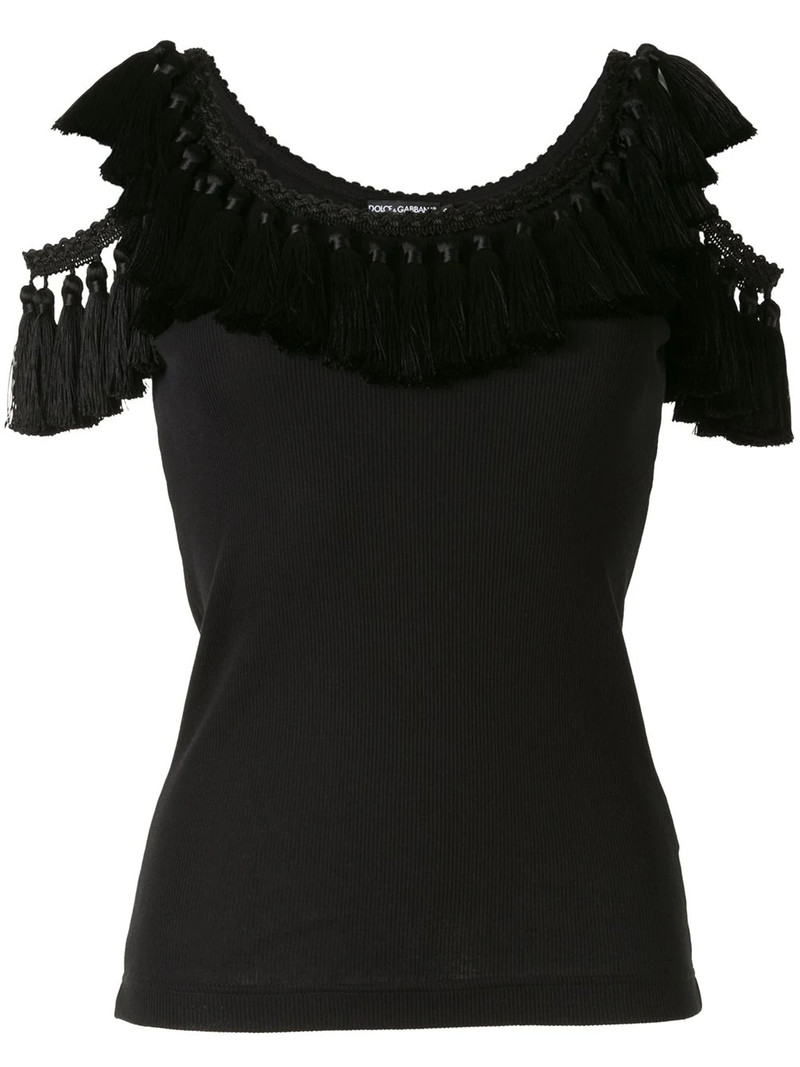 cold shoulder tassel trim vest 1