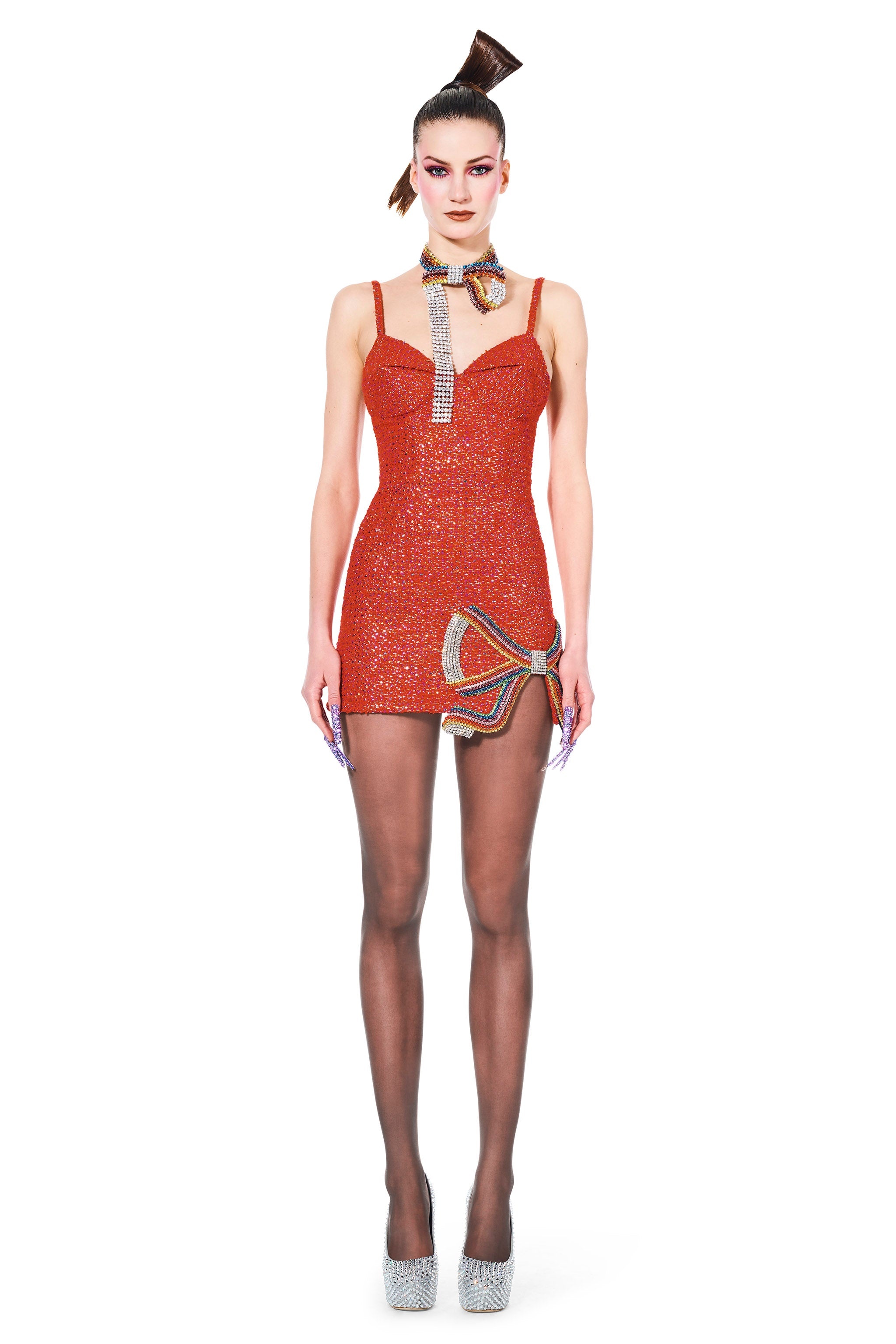 EMBROIDERED CRYSTAL BOW MINI DRESS - 5