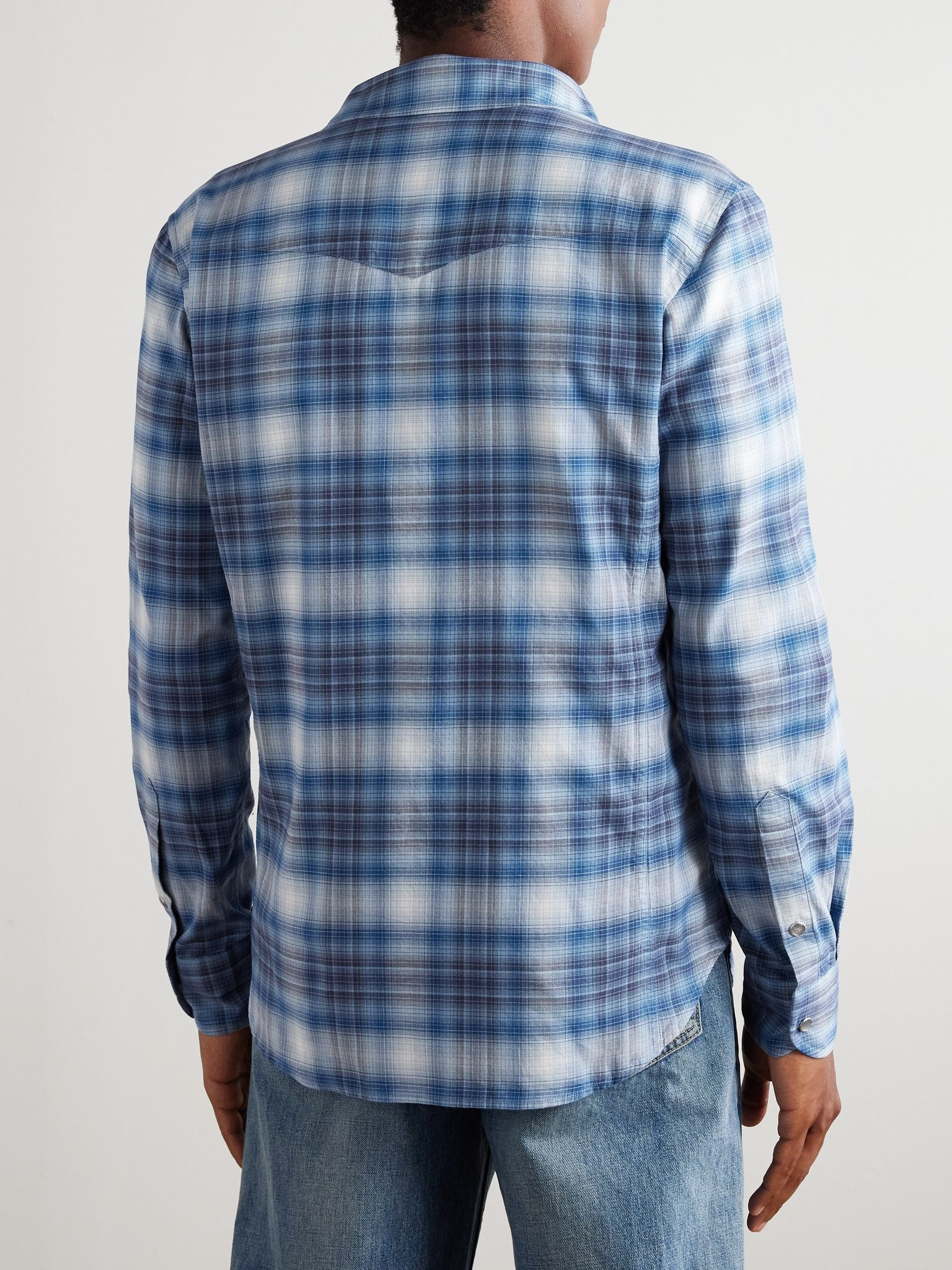Slim-Fit Checked Cotton-Poplin Shirt Blue - 4
