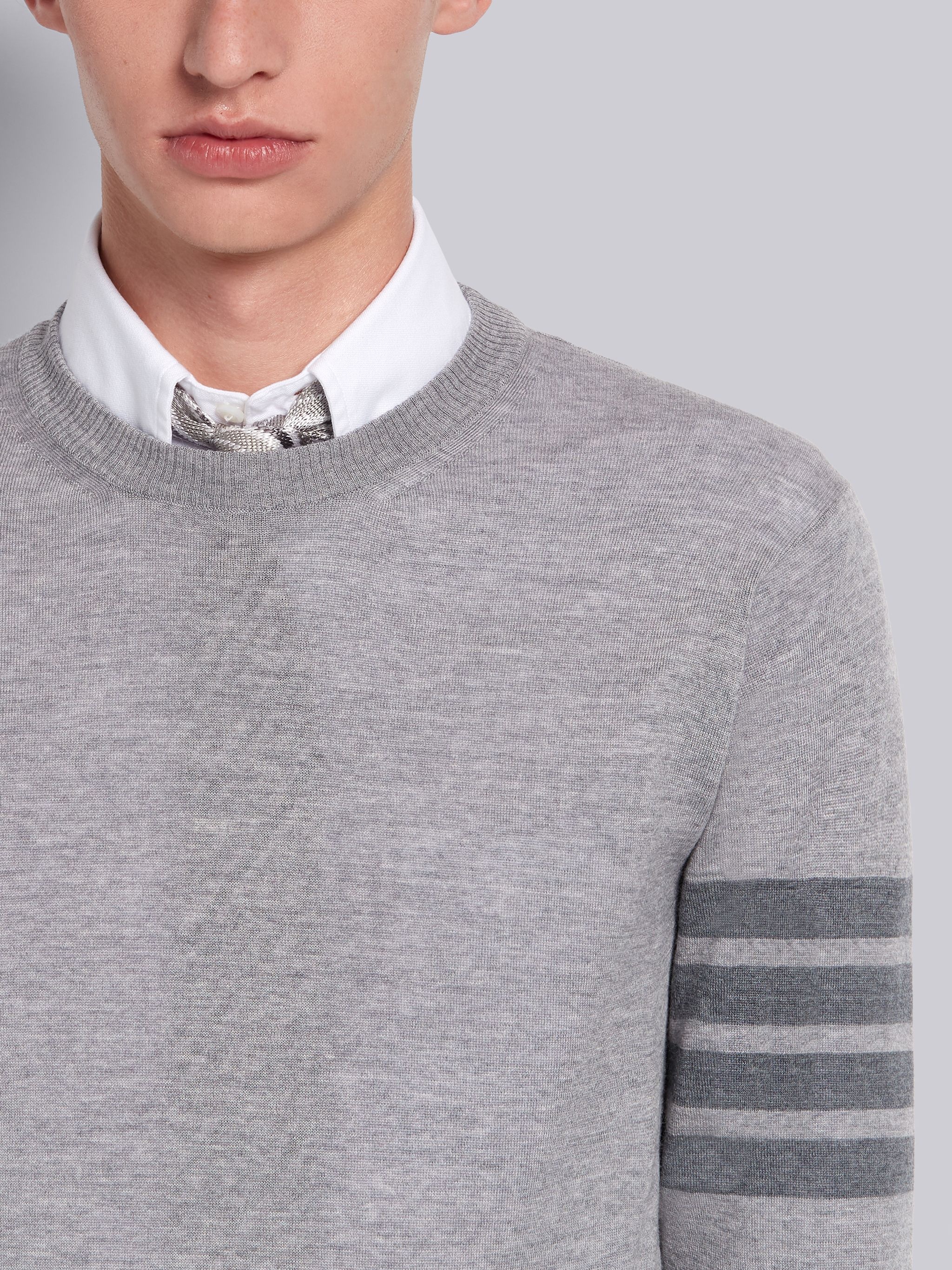 Light Grey Fine Merino Wool 4-Bar Classic Crewneck Pullover - 5