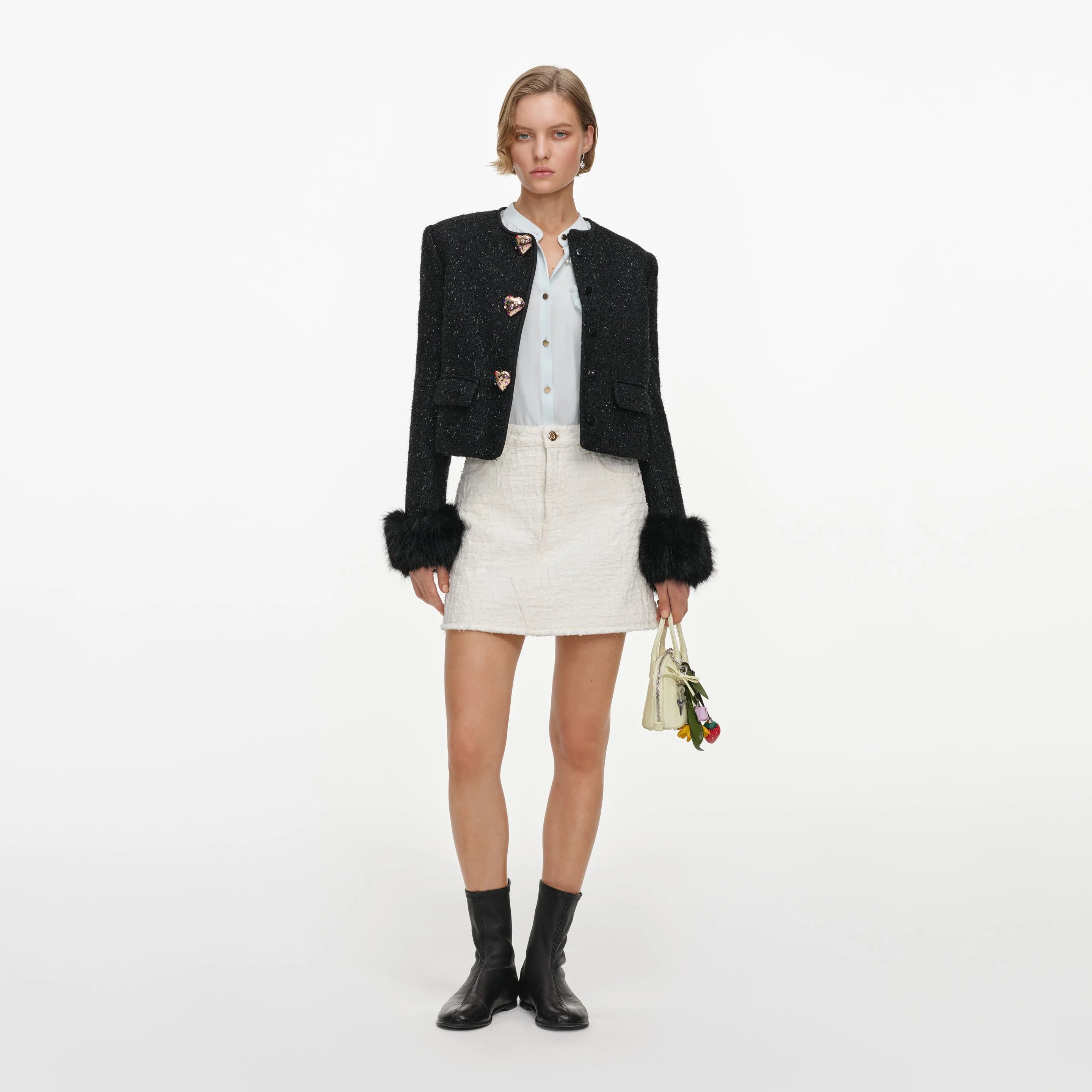 Black Metallic Boucle Fur Cuff Jacket - 1