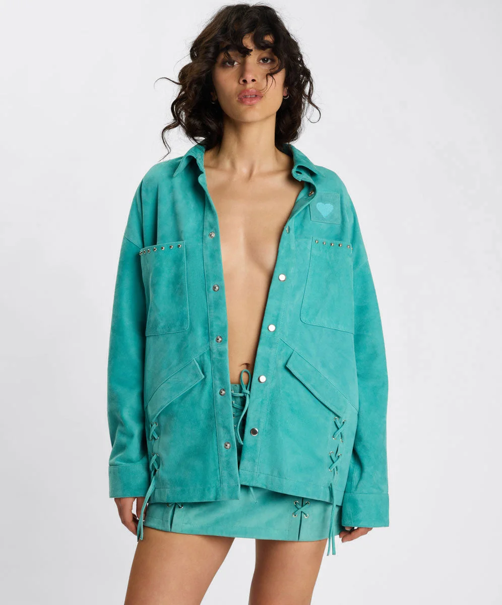 Cross My Heart Laced Suede Jacket - Mint Green - 1