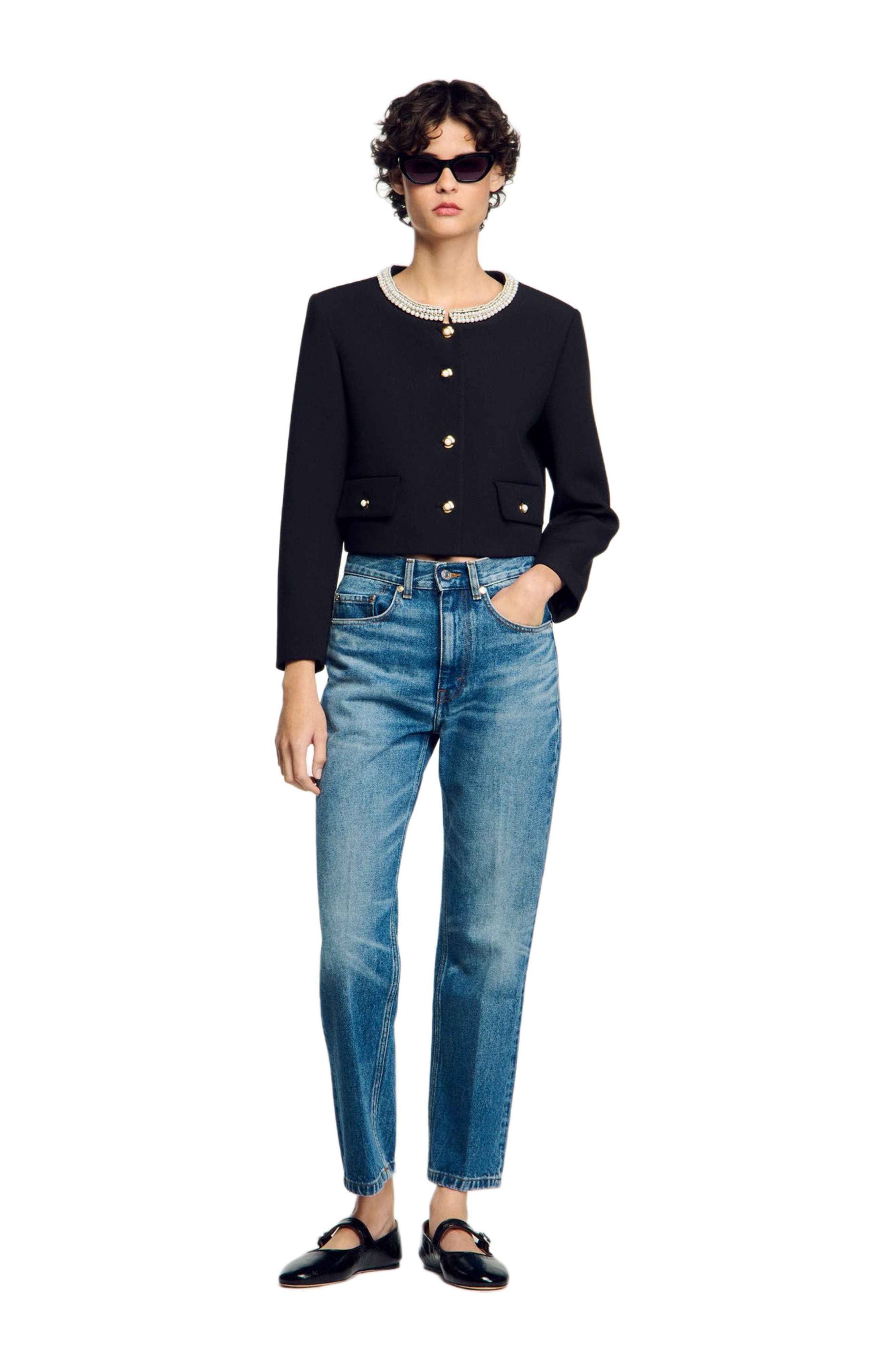 SANDRO Jacket with beaded collar in Black at Nordstrom - 6