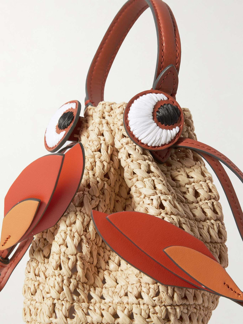 Goldfish leather-trimmed embroidered raffia shoulder bag 4