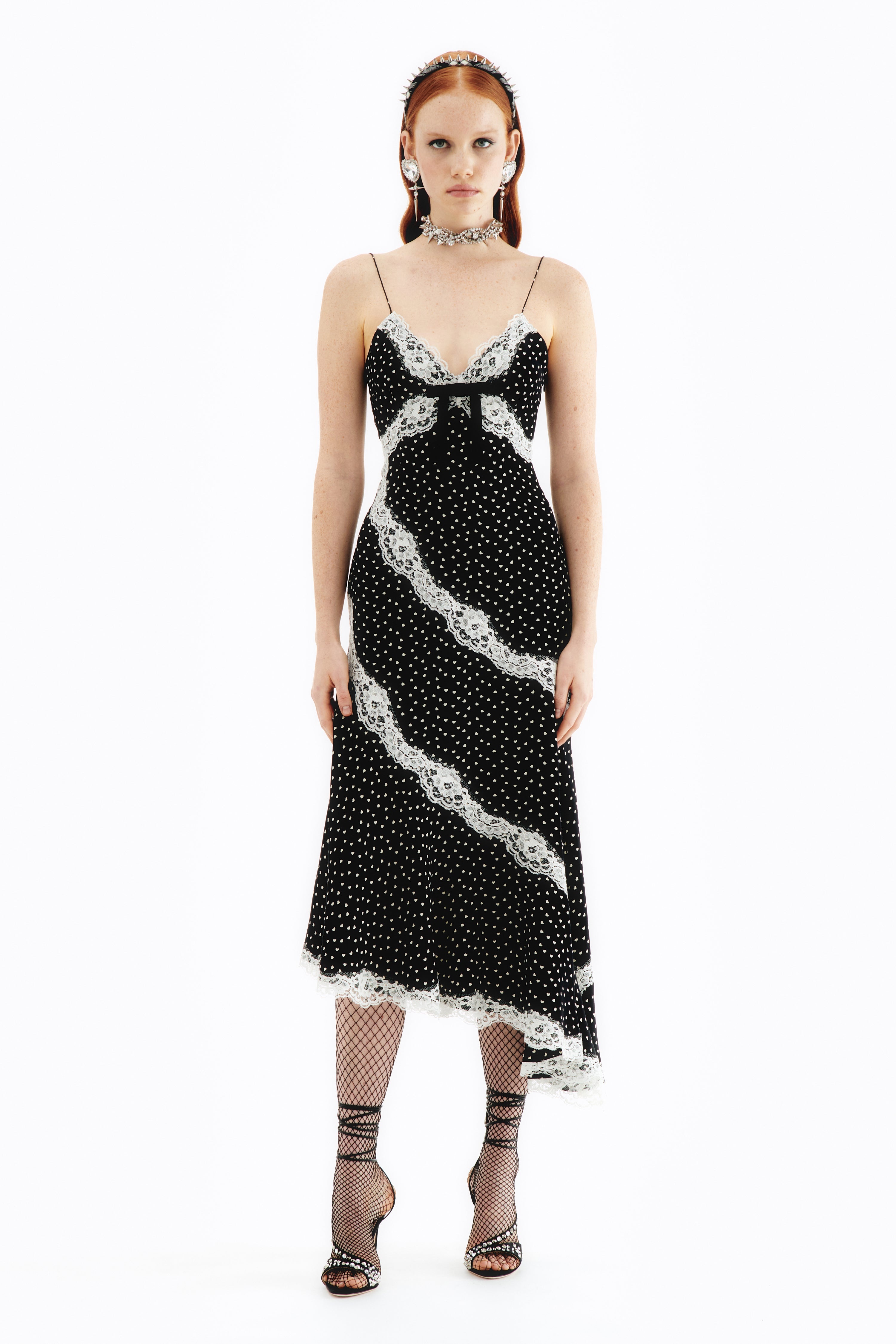 HEART PRINT SILK SLIP DRESS WITH LACE - 3