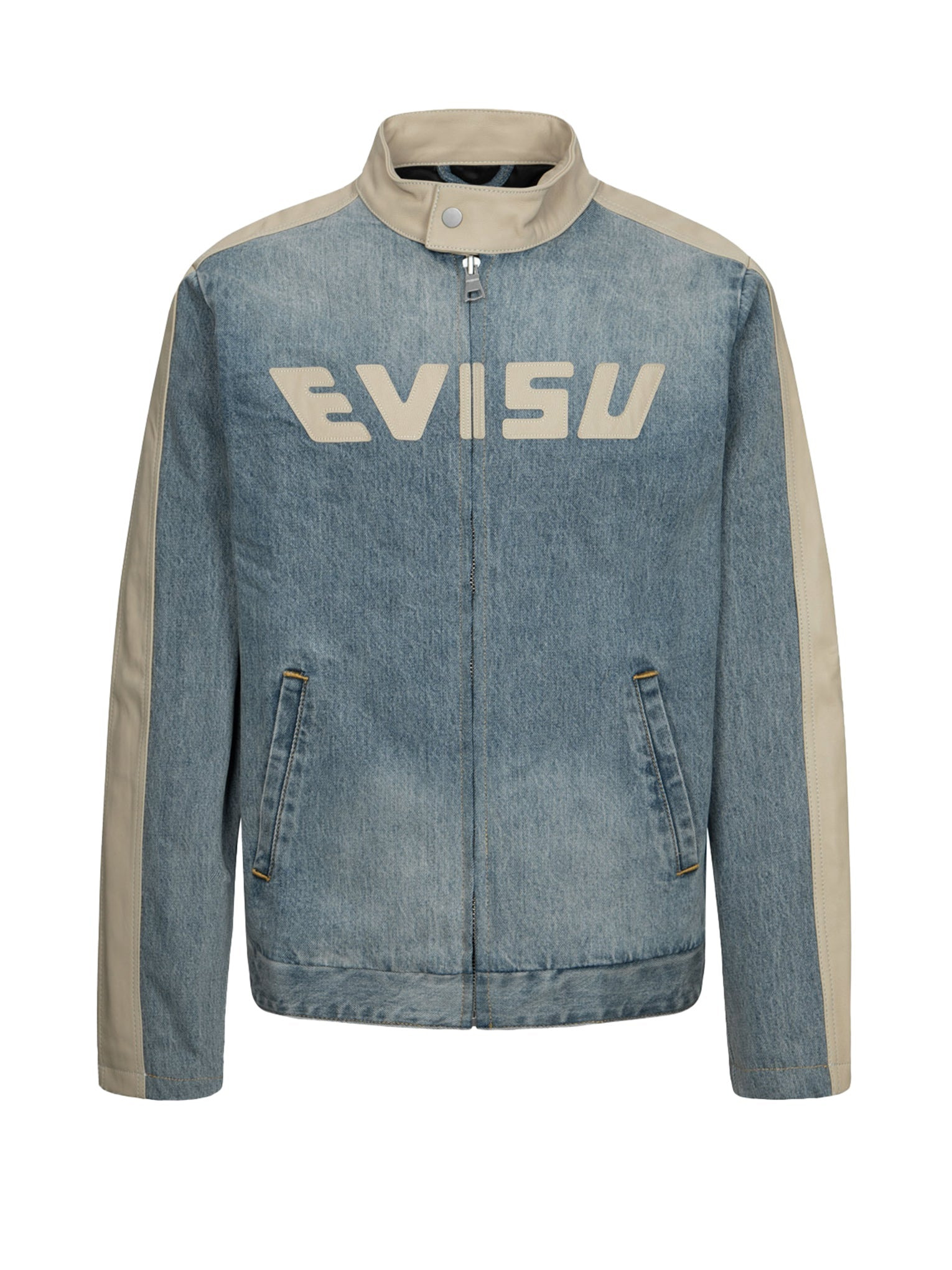 LEATHER LOGO AND SEAGULL APPLIQUÉ REGULAR FIT DENIM MOTO JACKET - 15