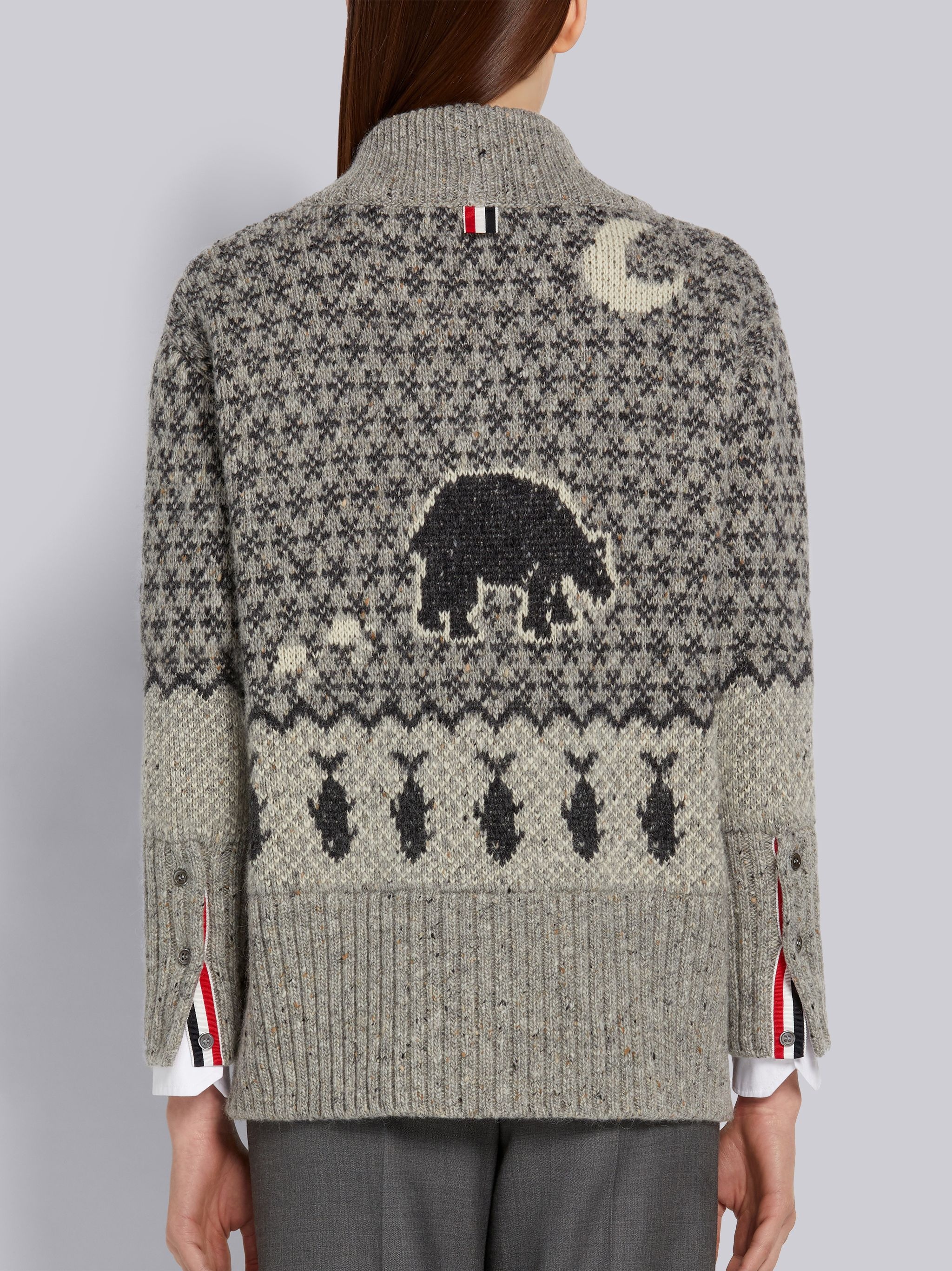 Fun-mix Grey Mohair Tweed Bear Fair Isle Jacquard Oversized V-Neck Pullover - 3