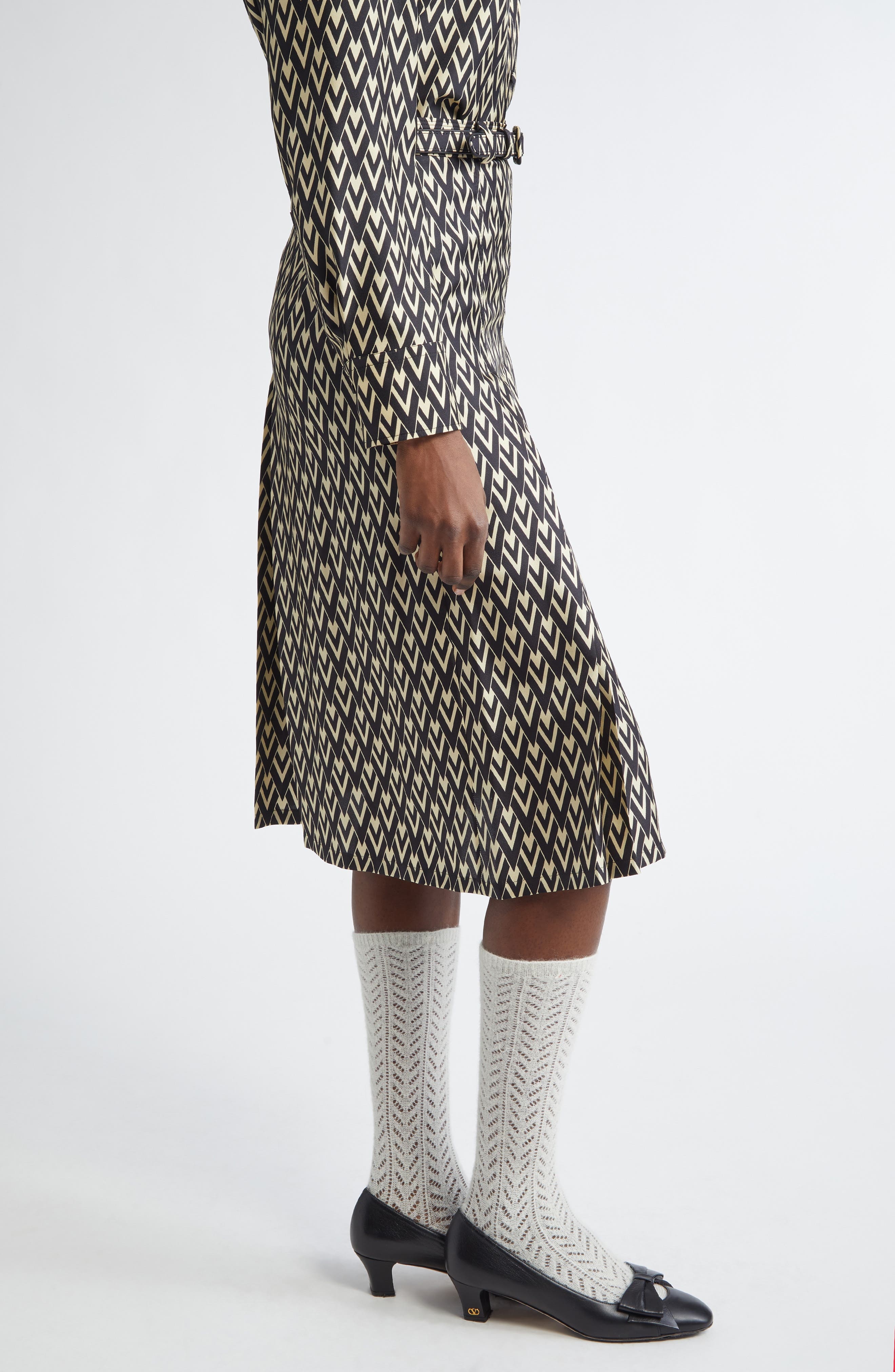 Valentino Garavani Toute la V Belted Silk Twill Midi Skirt in Black/Cream at Nordstrom - 4