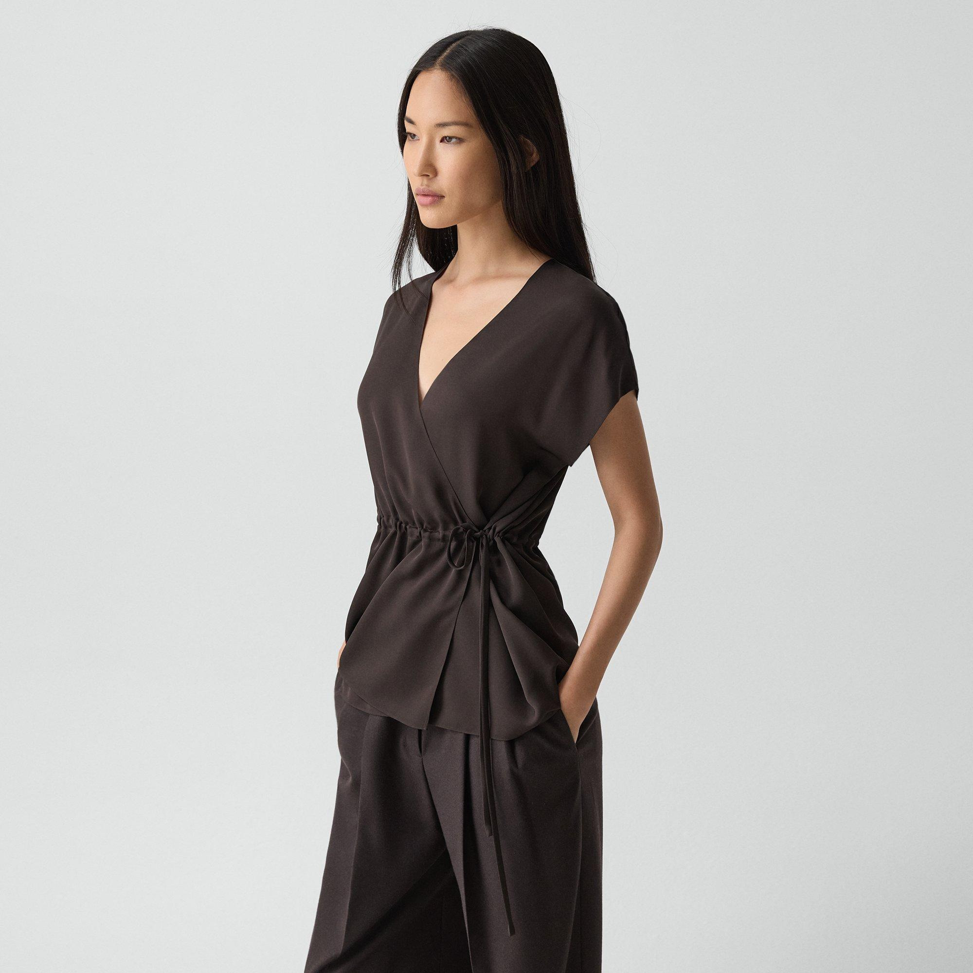 Short-Sleeve Wrap Top in Silk Georgette - 3