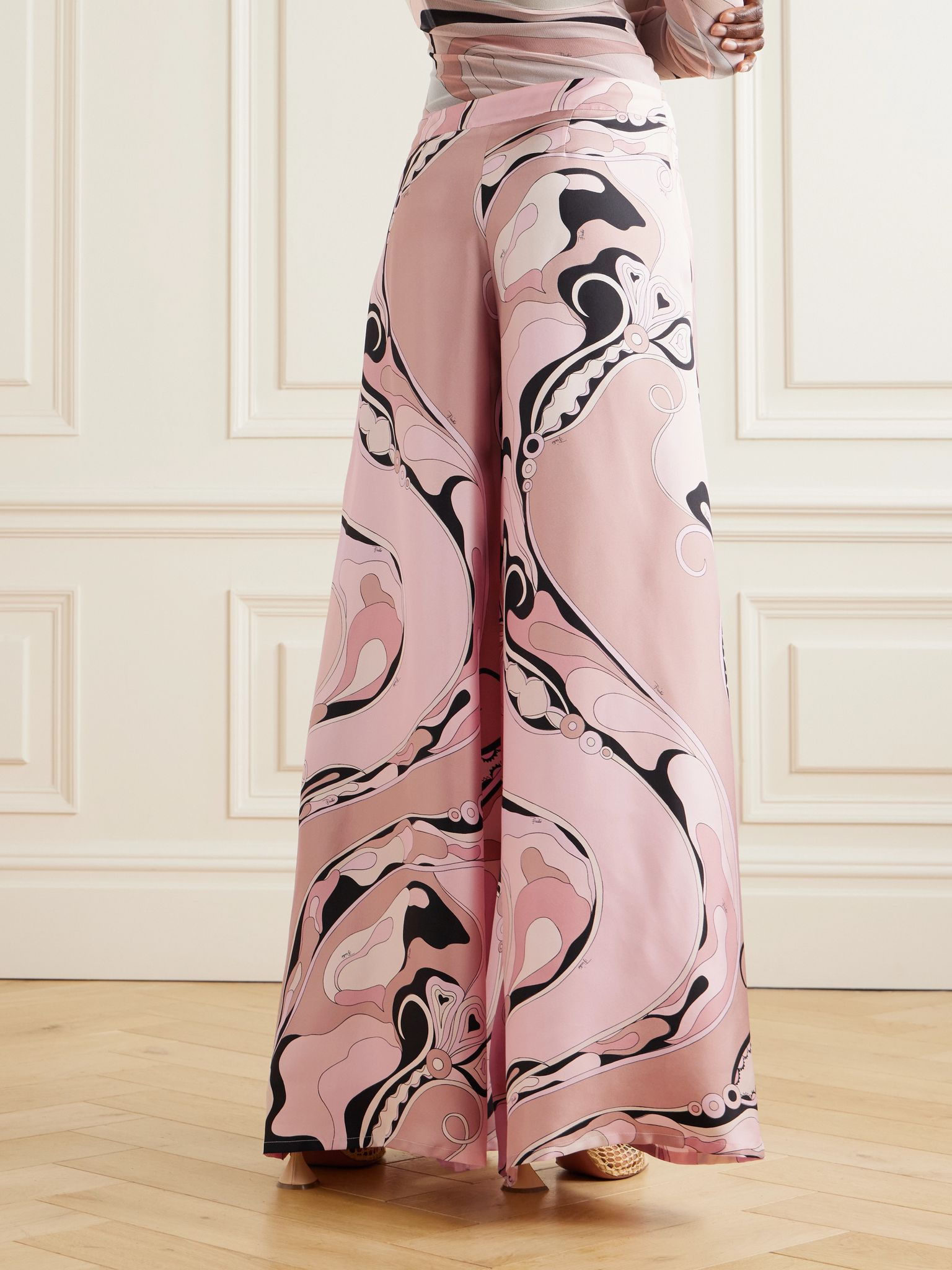 Printed silk-twill wide-leg pants Pink - 3