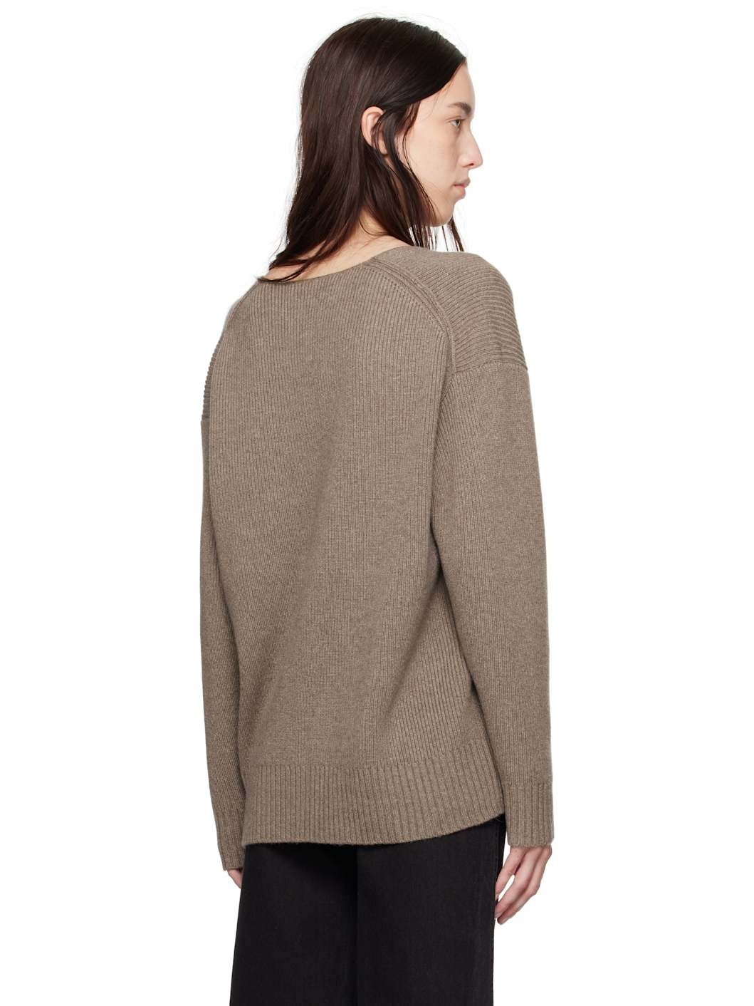Taupe Cashmere V-Neck Sweater - 3