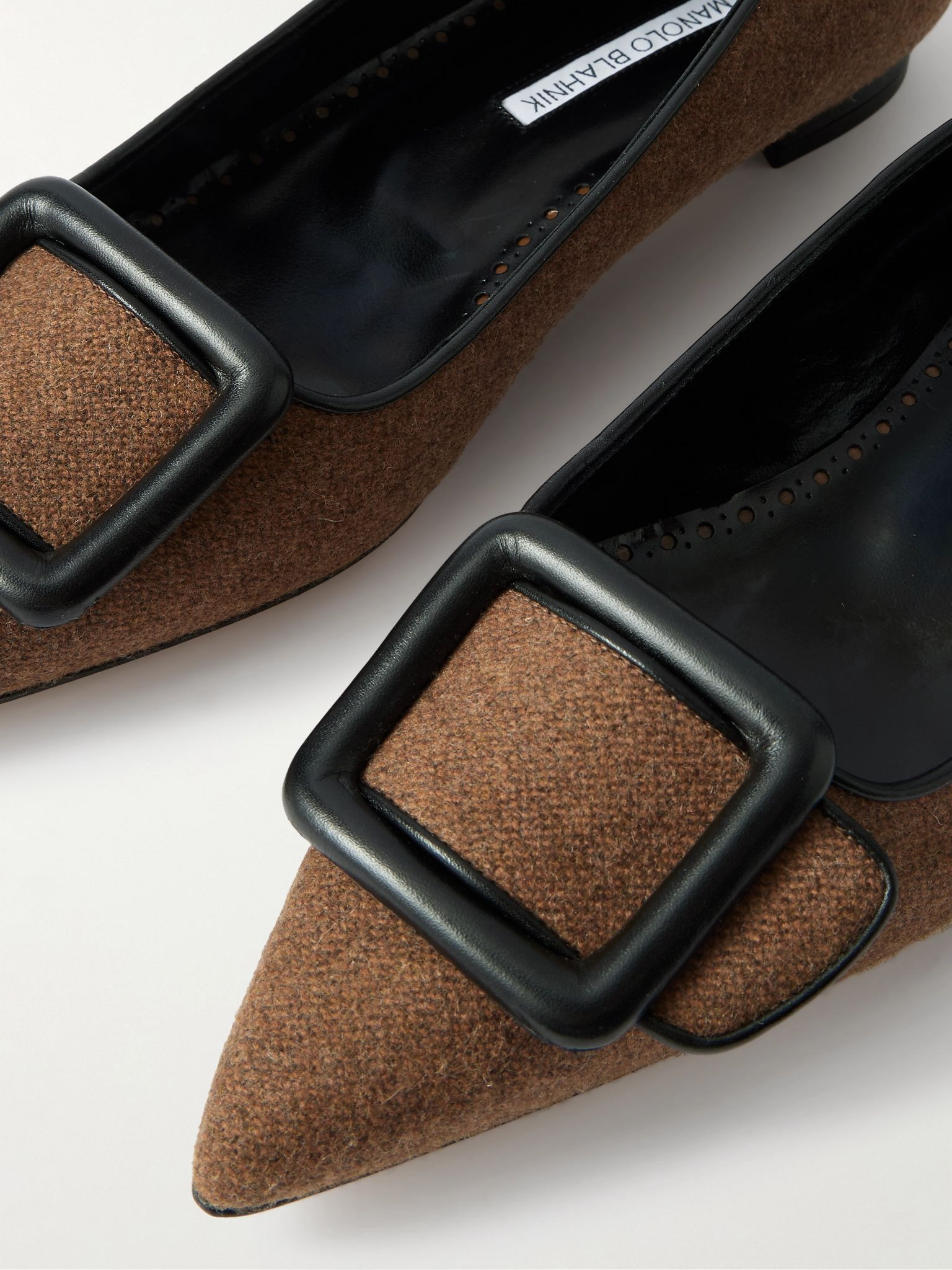 Maysale buckled leather-trimmed wool point-toe flats Brown - 4