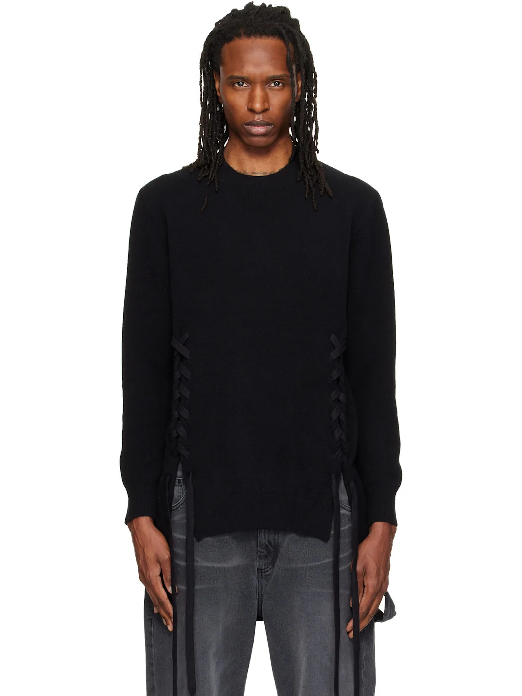 Black Merino Lace Up Hem Sweater - 1