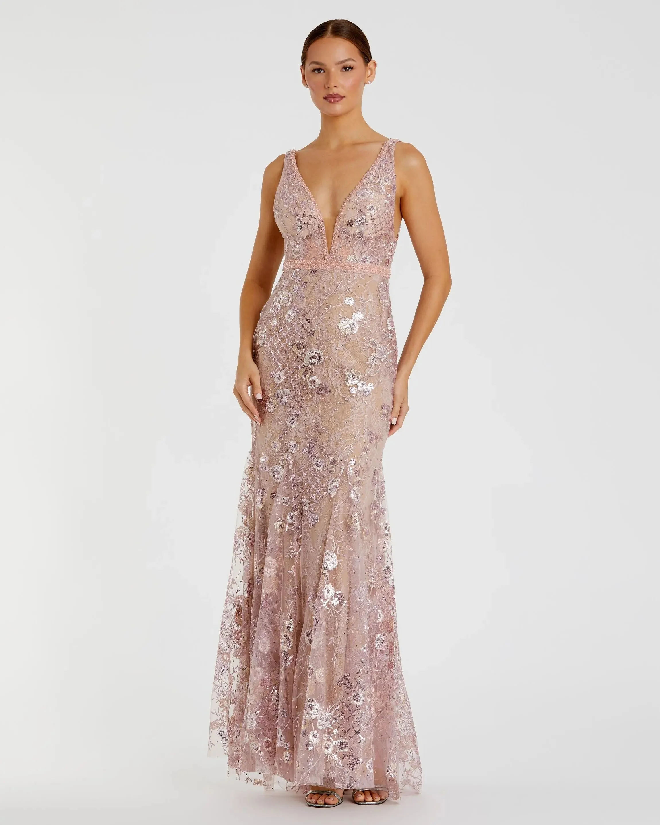 Pink Floral Embellished Sleeveless Plunge Neck Gown - 1