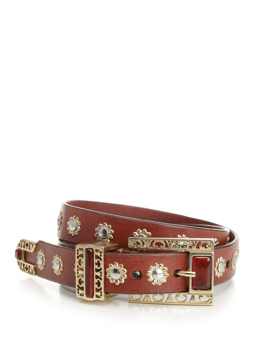 Belt With Amber Inserts Leather Body With Metallic Gold Flower Details Belts Brown - 1