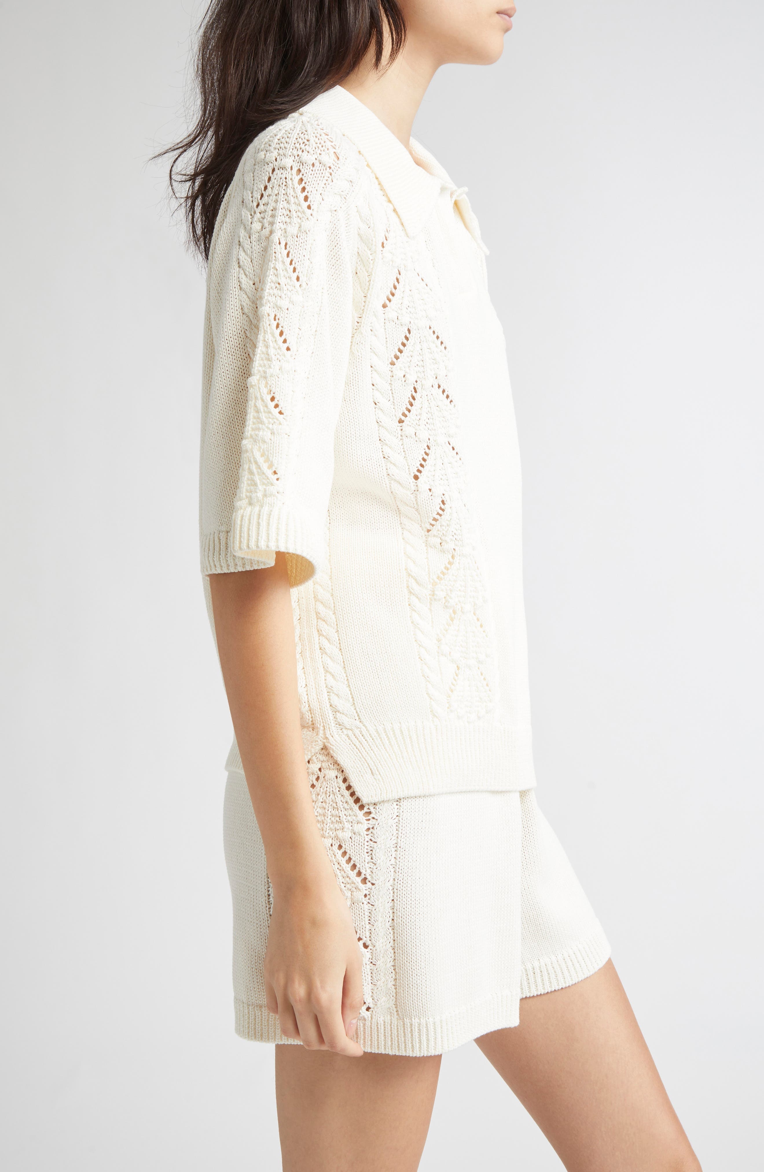 LOULOU DE SAISON Kina Johnny Collar Cotton Sweater in Ivory at Nordstrom - 4