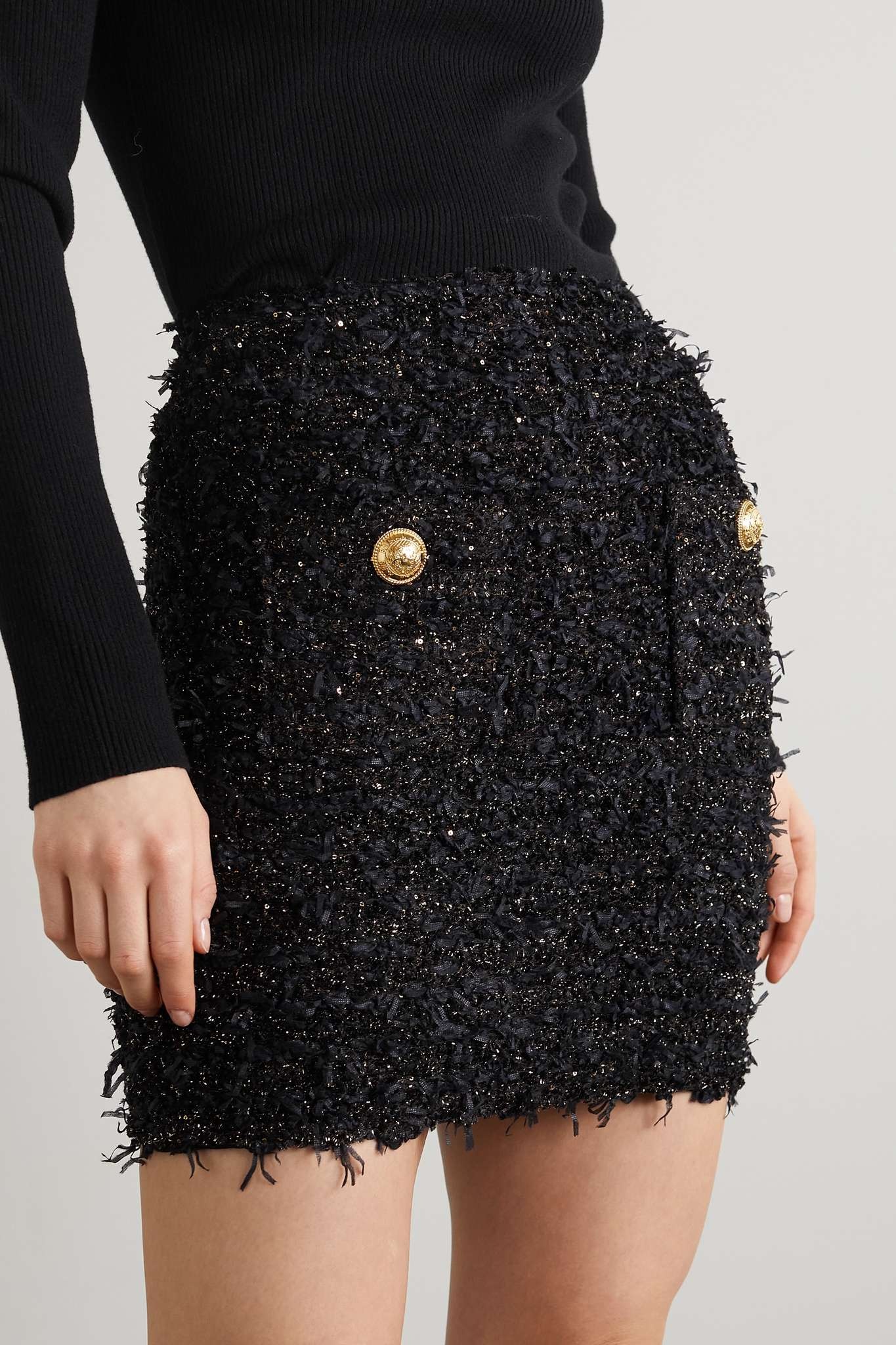 Button-embellished metallic bouclé-tweed mini skirt - 3