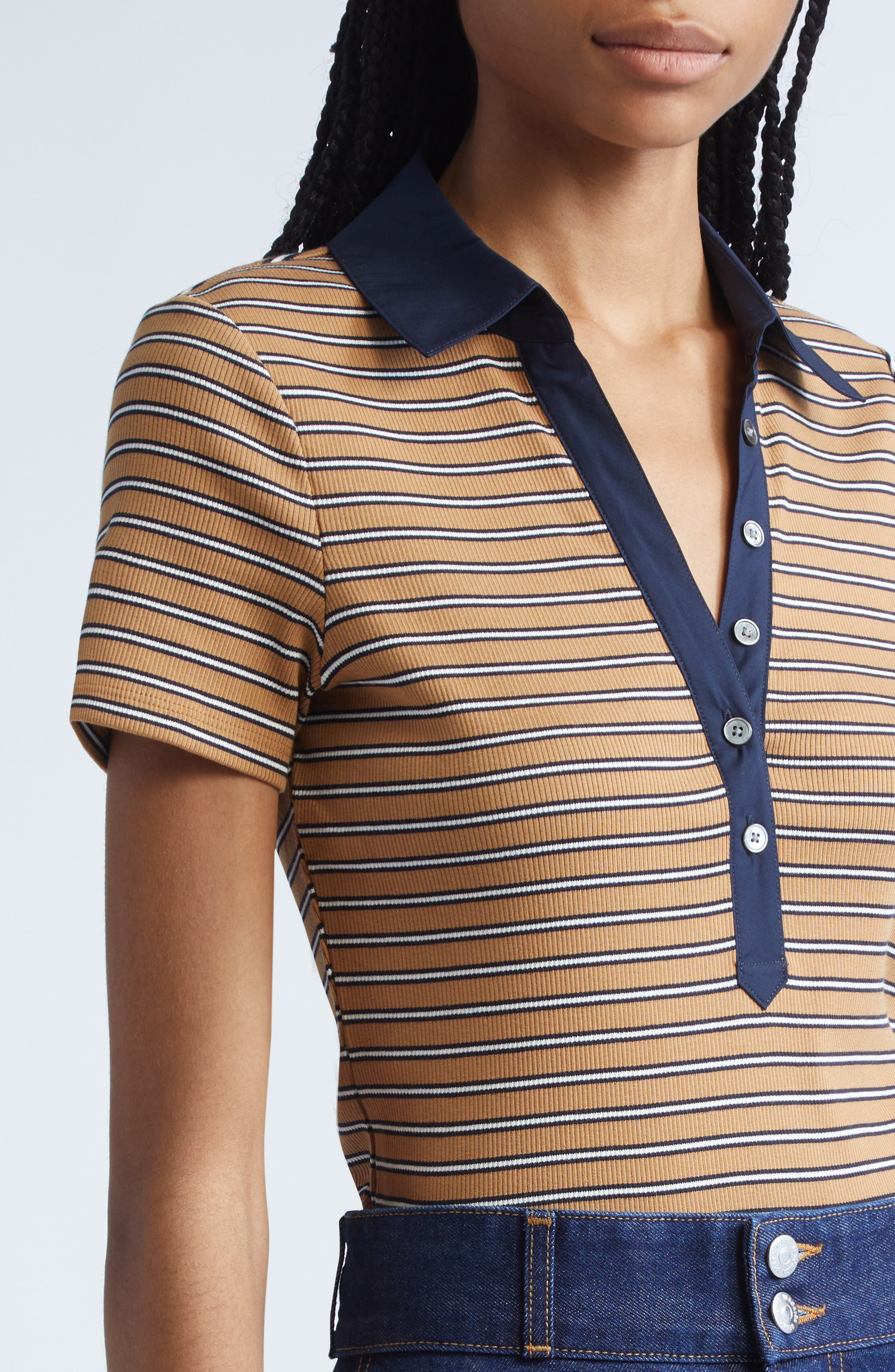 Veronica Beard Kearney Stripe Stretch Cotton Rib Polo in Brown Multi at Nordstrom - 4