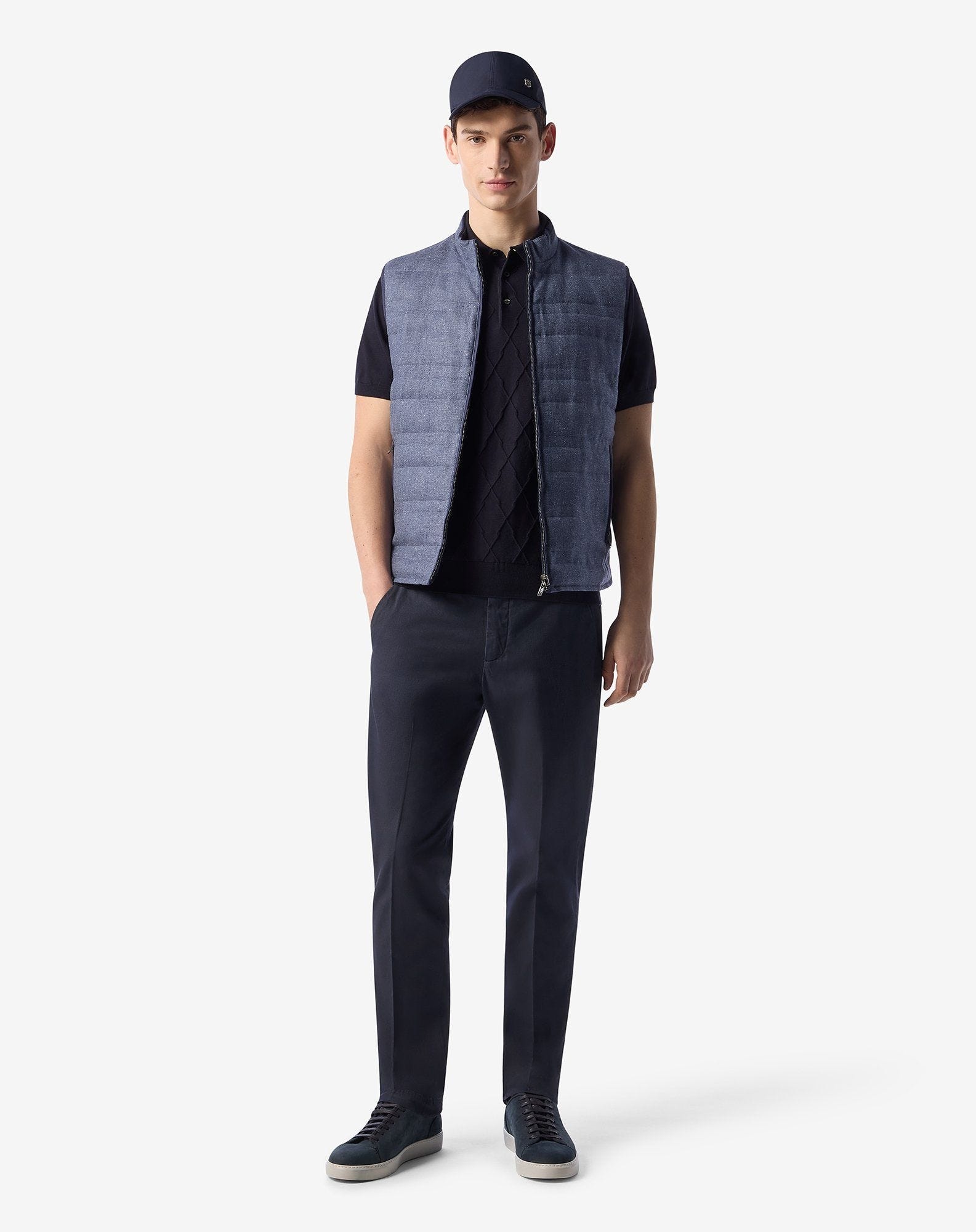 Navy blue stretch cotton and linen chinos - 2