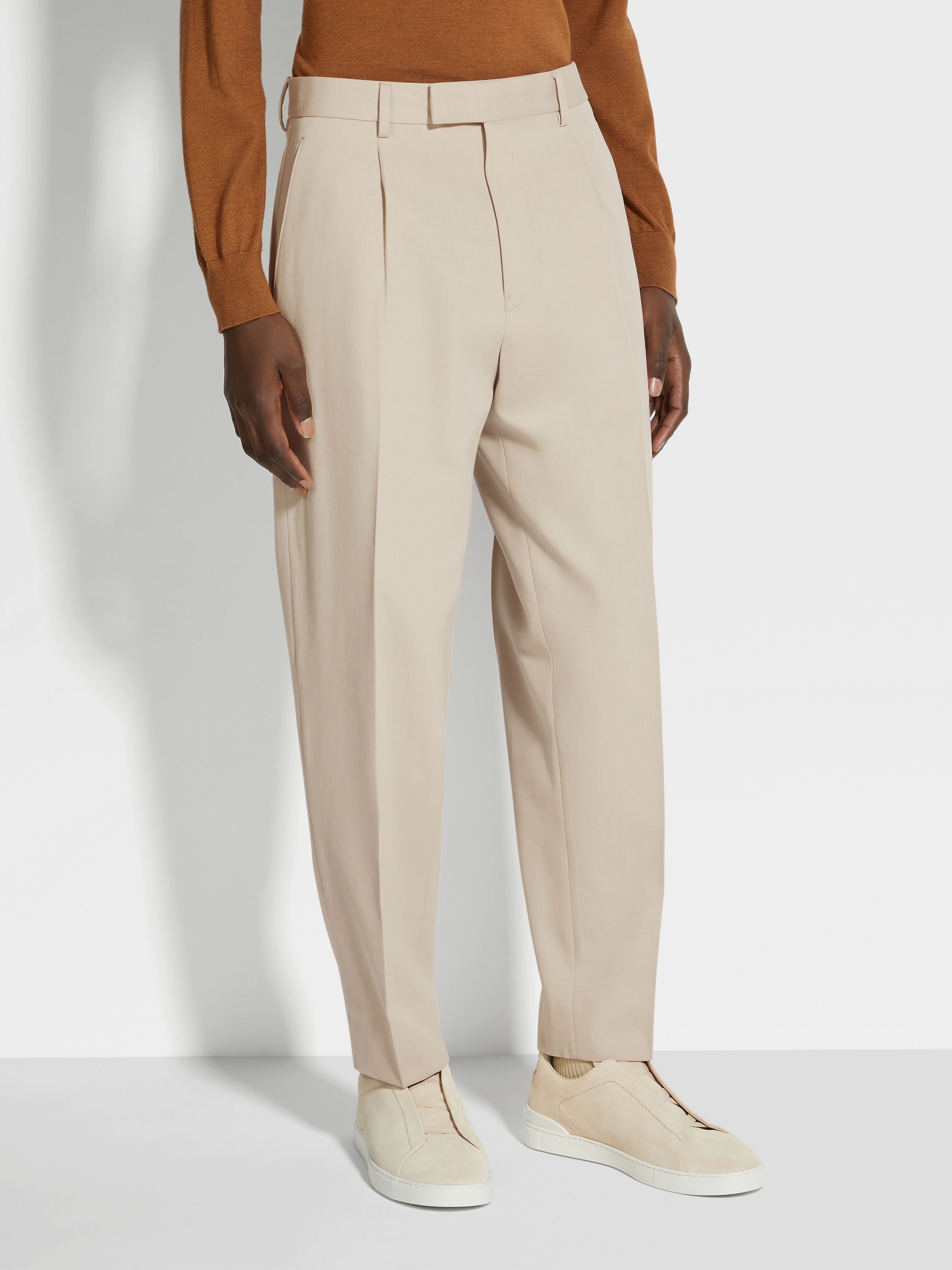 LIGHT BEIGE COTTON AND WOOL PANTS - 5