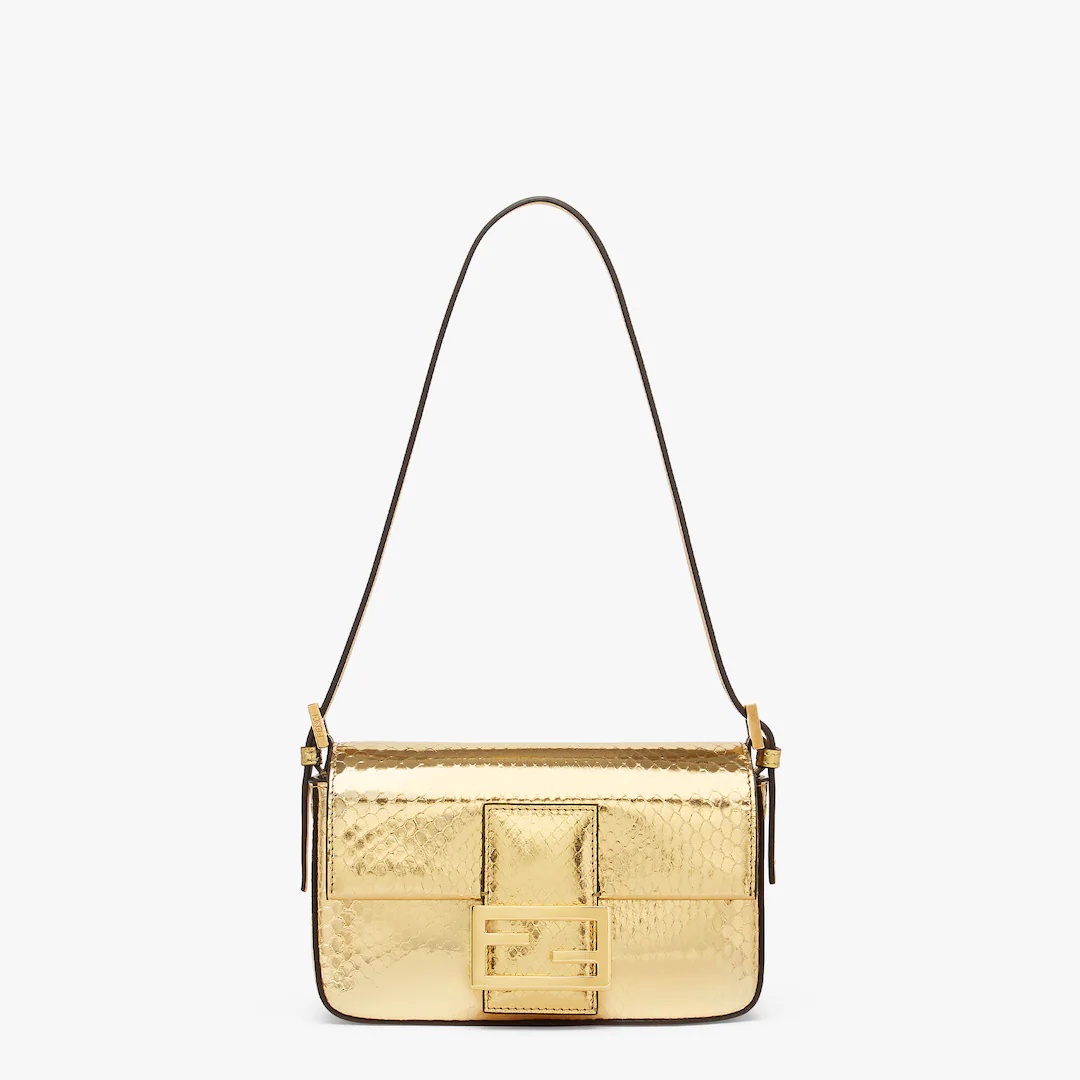 Small 1997 Baguette bag made of exquisite gold laminated python leather, embellished with an FF clas - 1