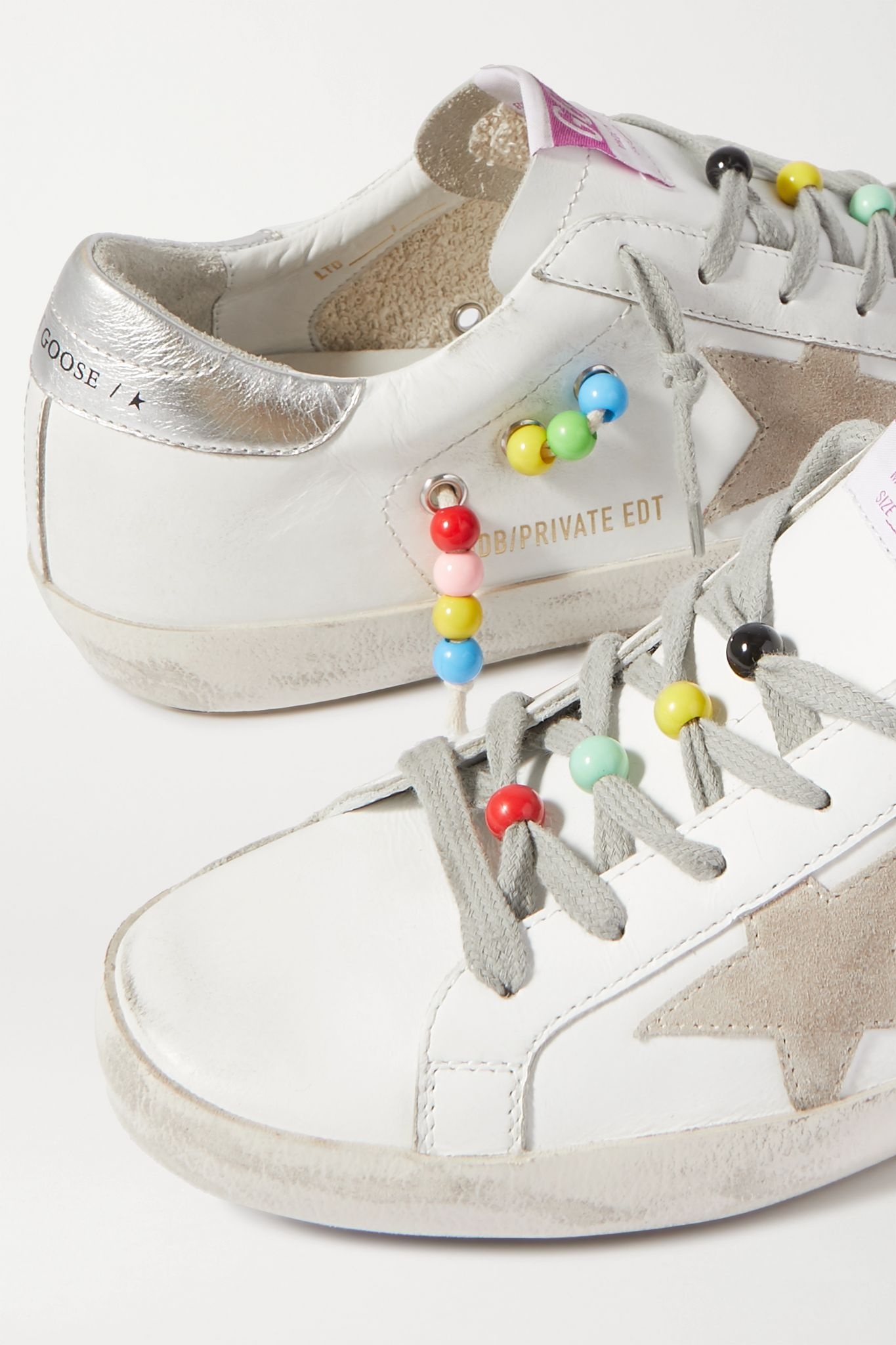 Superstar bead-embellished distressed leather and suede sneakers - 5