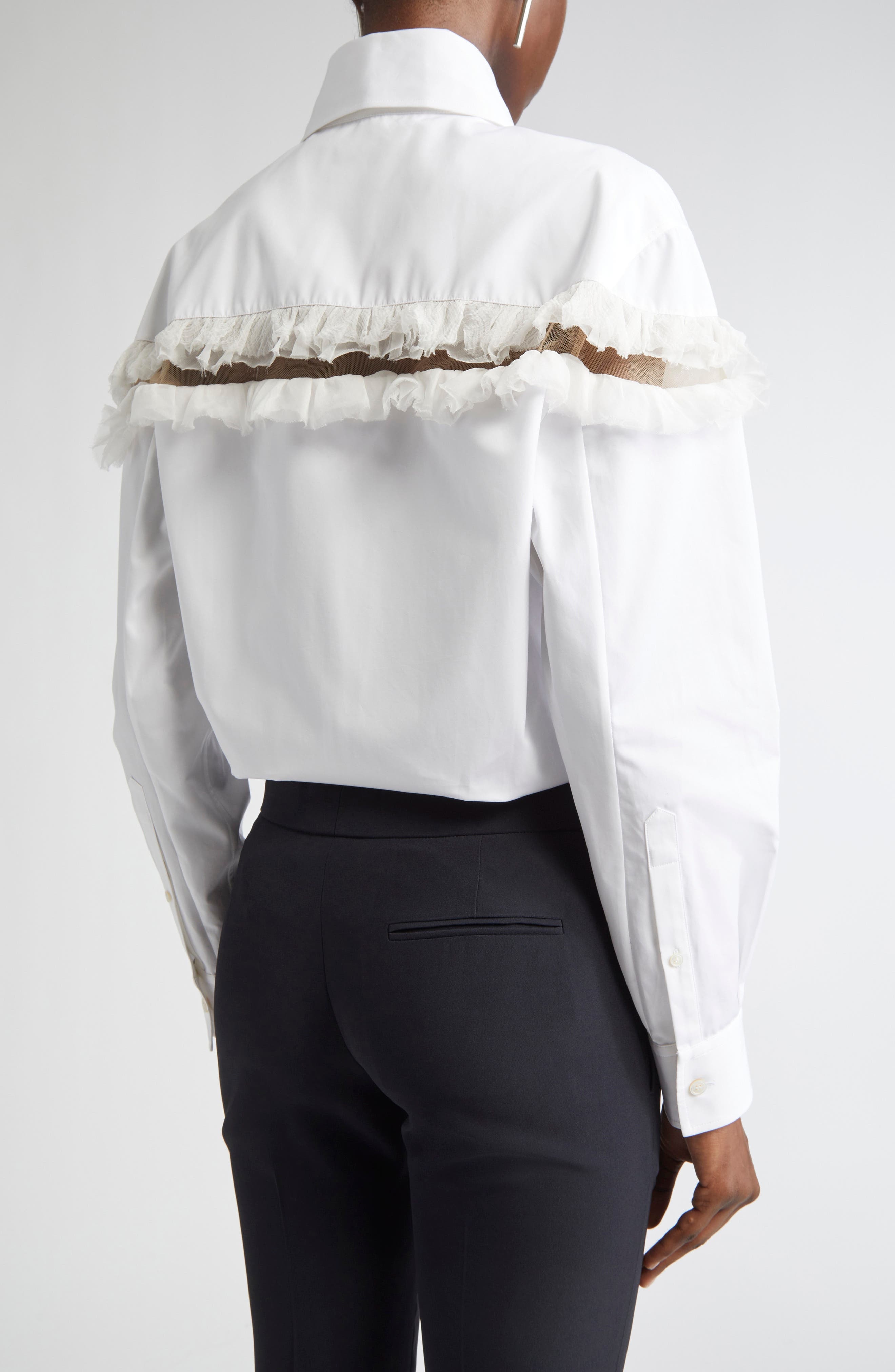 McQueen Ruffle Mesh Inset Cotton Button-Up Shirt in Optical White at Nordstrom - 2