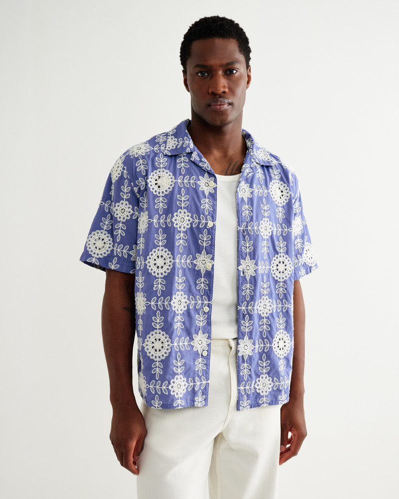Wax London Didcot - Blue And Ecru Corded Lace Short-Sleeve Shirt outlook