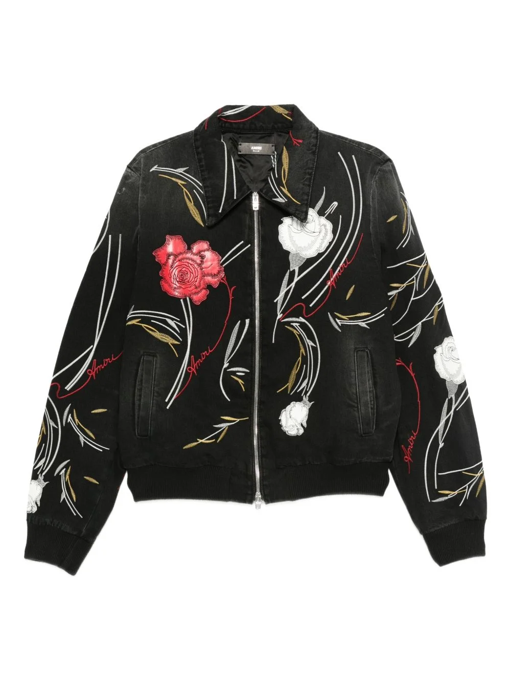 floral-embroidered denim jacket - 1