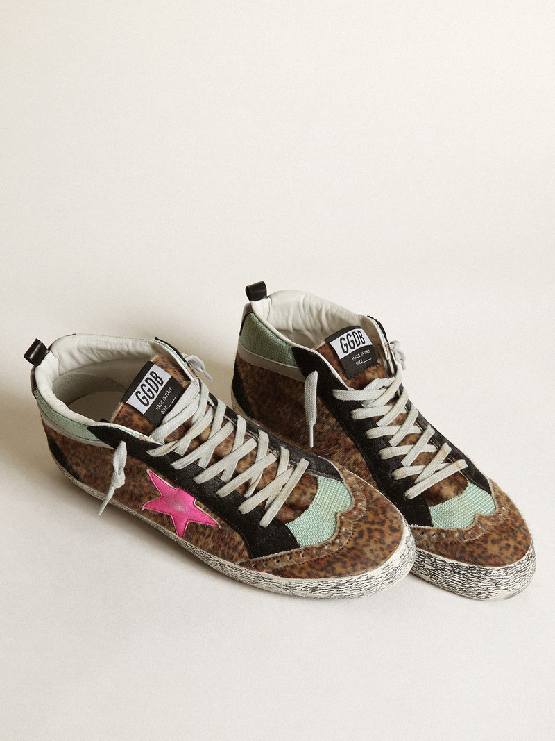 Golden Goose Mid Star in leopard-print pony skin with fuchsia leather star outlook